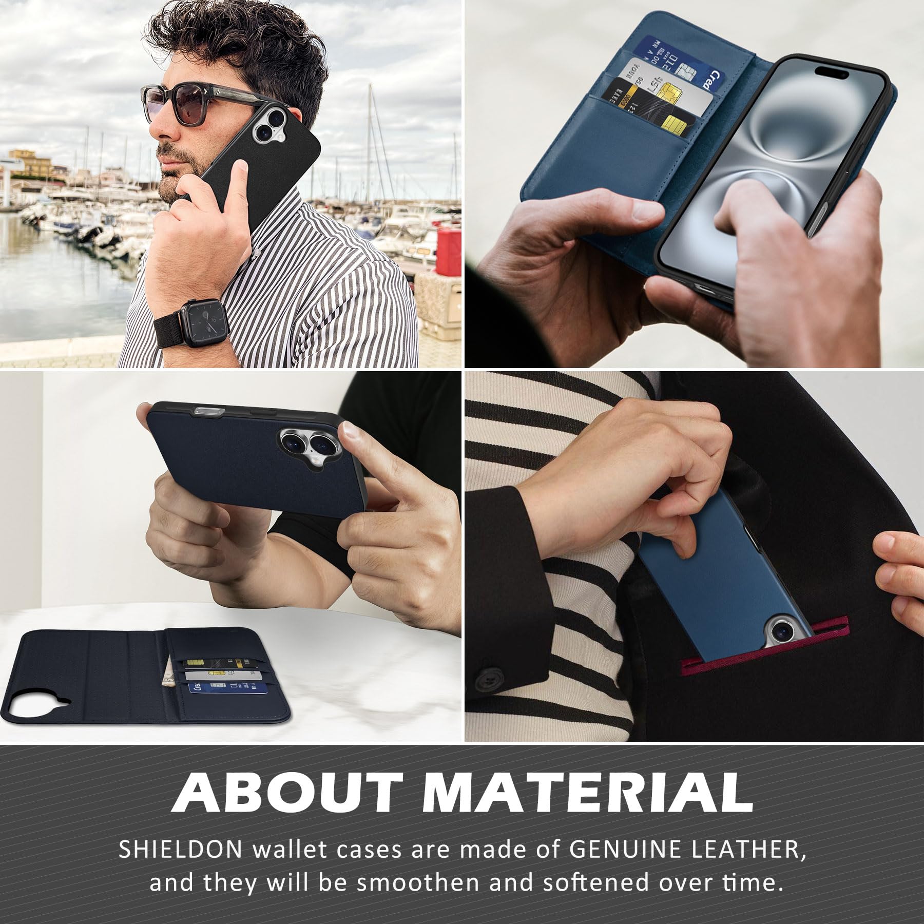 SHIELDON Genuine Leather 2-in-1 Wallet Case for iPhone 16 with Wireless Charging, Detachable Kickstand & RFID Blocking Card Holder - Magnetic Phone Cover for Everyday Protection (Saddle Brown) | Perfect for Work, Travel and Hands-Free Viewing