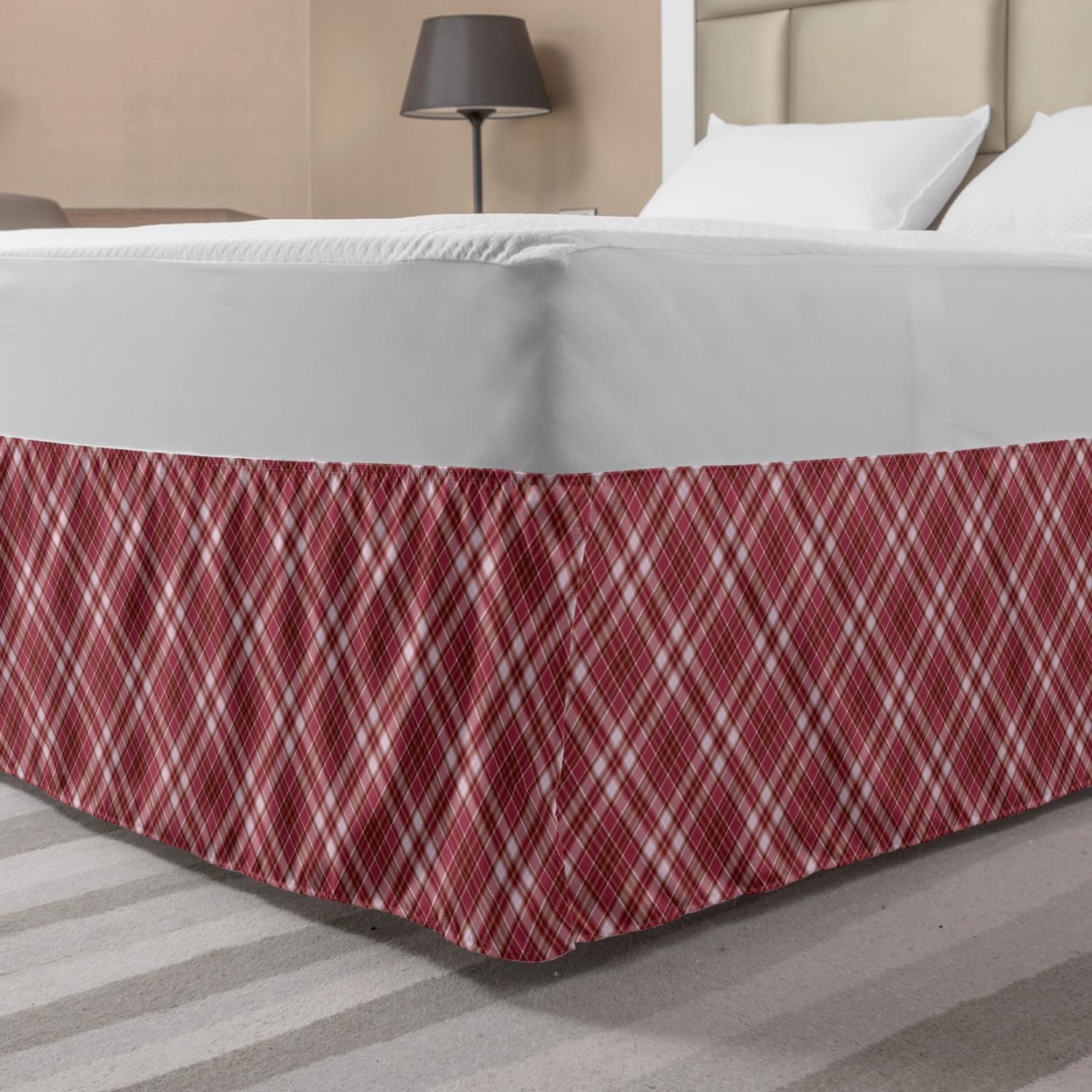 Ambesonne Checkered Bed Skirt - Diagonal Striped & Rhombus Rose Pattern, Elastic Wrap Around Gathered Design for King Size Beds | Perfect for Bedroom Decor & Guest Room Styling (Dried Rose White)
