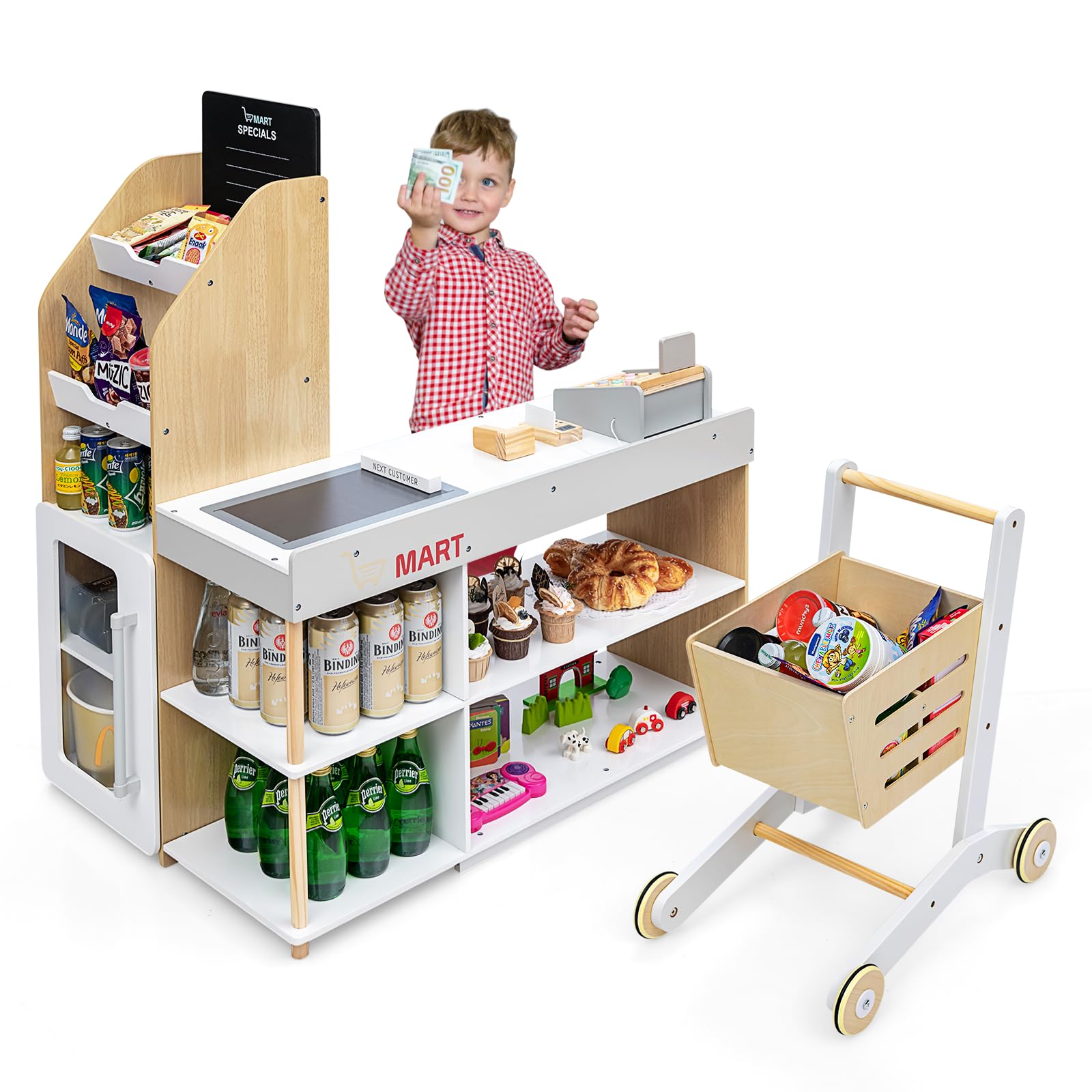 GLACER Wooden Kids Grocery Store Pretend Play Set with Cash Register, Shopping Cart, Blackboard & Play Coins - Educational Toy for Toddlers 3+ Years - Perfect Gift for Boys & Girls - Pretend Shopping Game for Preschool Learning & Role Play Fun