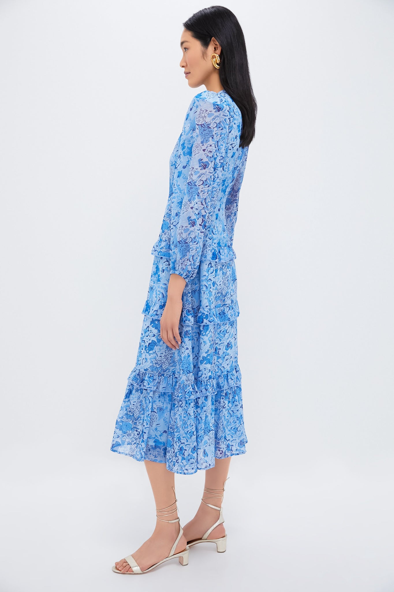 Blue Multi Abstract Floral Rosalind Ruffle Midi Dress - Elegant Summer Dress for Women, Perfect for Beach Vacations, Garden Parties & Date Nights