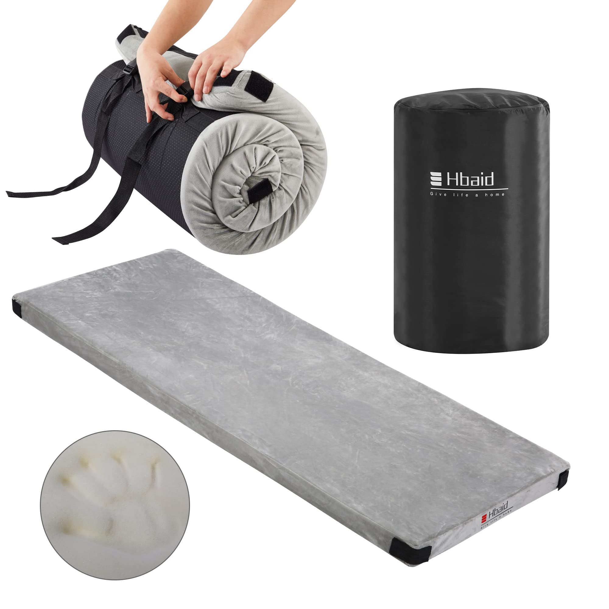 Hbaid Roll Up Memory Foam Camping Mattress - Portable Sleeping Pad & Topper for Floor Guest Bed, Waterproof Cover, Travel Bag, Lightweight Outdoor Tent Mattress - Perfect for Camping, Hiking, Travel & Guest Accommodations