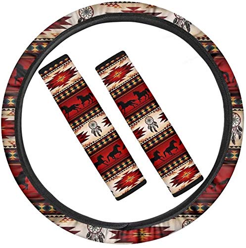 Navajo Aztec Horse Geometric 15-Inch Women's Steering Wheel Cover - Summer Beach Design Polyester Fabric Car Accessories - Set of 3 for Comfort & Style (Perfect for Road Trips, Commuting, and Hot Weather Driving)