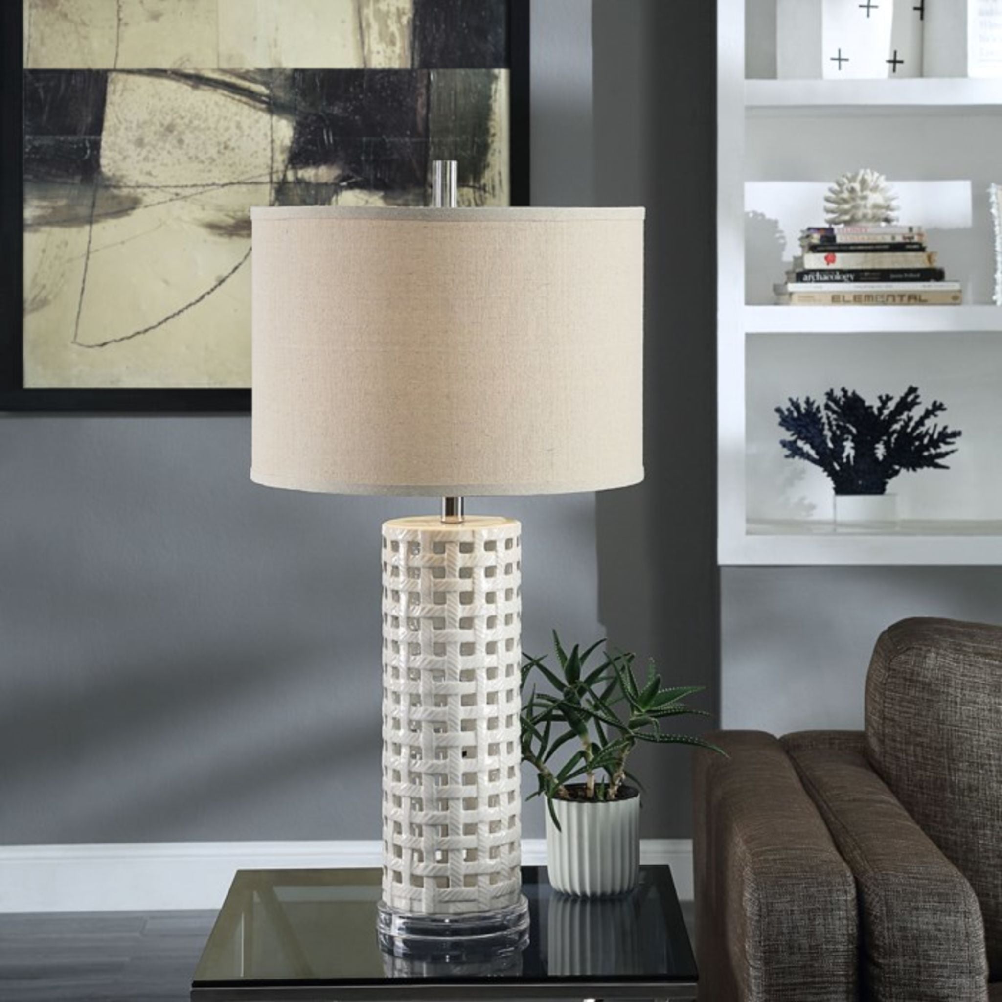 Handcrafted Ceramic Basket Weave Table Lamp - 31 Inch Modern Farmhouse Lighting for Living Room, Bedroom & Office Decor