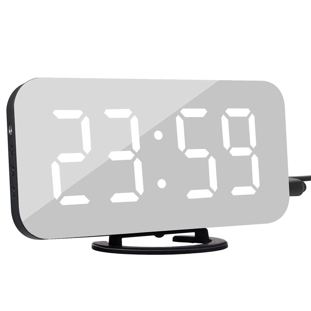 Newrys Digital Alarm Clock with USB Charging, LED Mirror Display & Projection - Minimalist Bedside Desk Clock for Home, Office, Dorm (Black Shell + White Figure) | Perfect for Nightstand, Bedroom, Travel & Gift Giving
