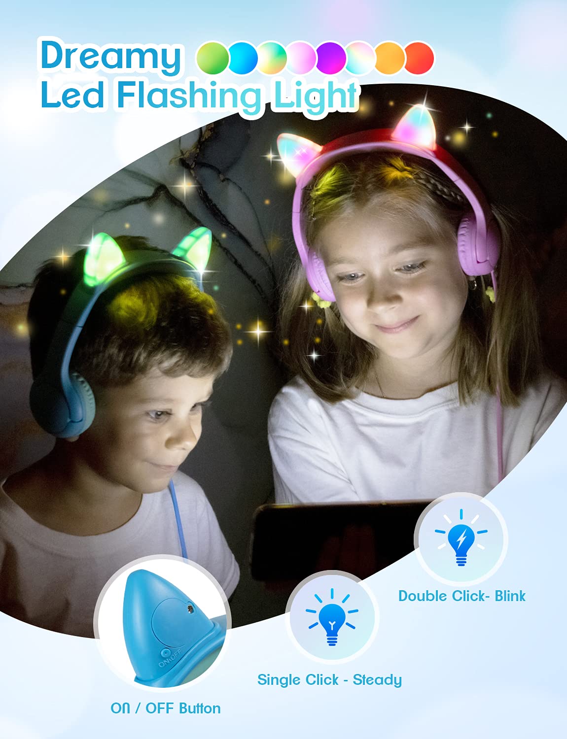PINGKO Kids Headphones with Microphone - Cat Ear LED Light Headphones for Girls & Boys, 85dB Volume Limiting, 3.5mm Jack Stereo Earphones for iPad, School, Travel, Music Sharing - Perfect for Learning, Gaming & Entertainment (Blue)