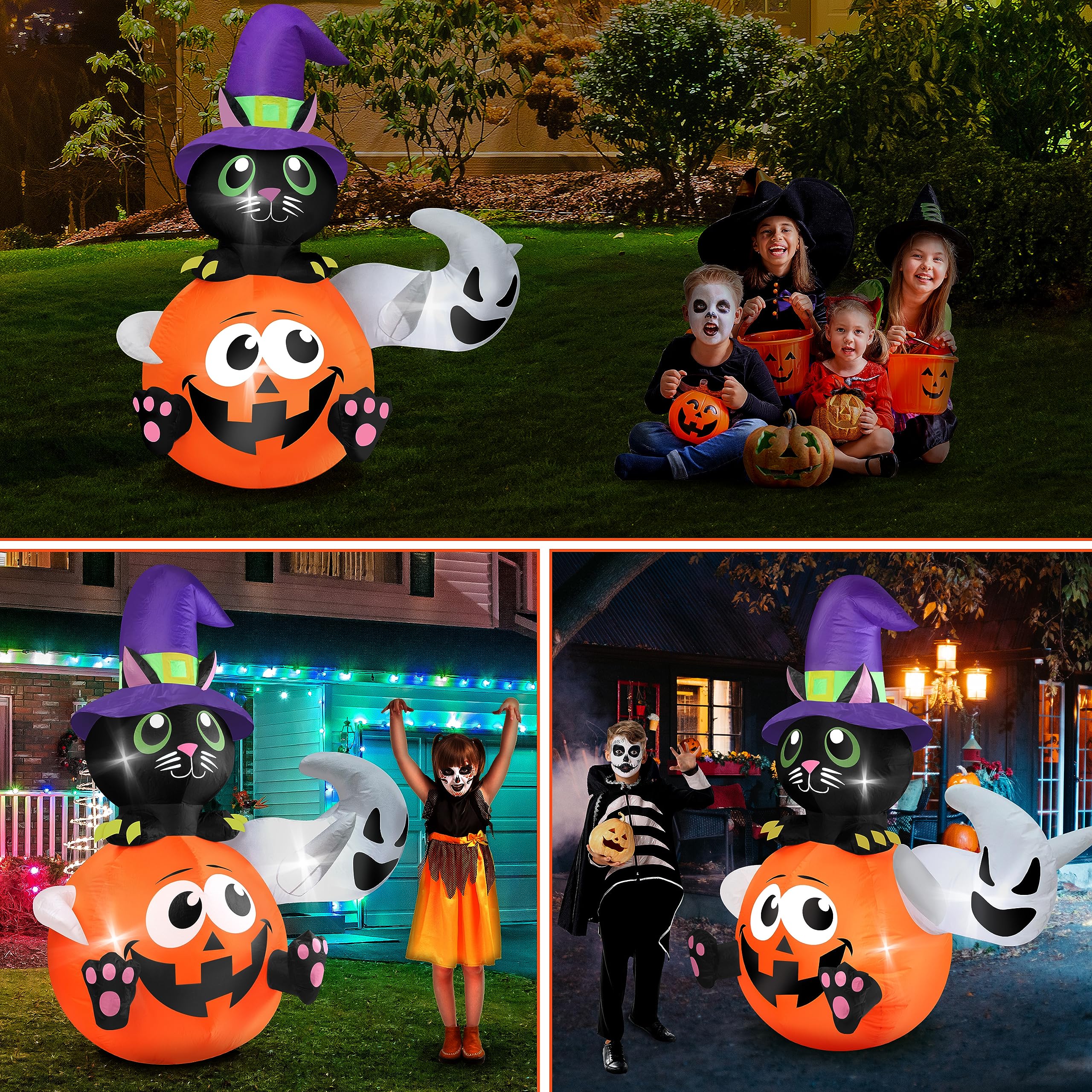 5 FT Halloween Inflatable Pumpkin & Witch Cat Yard Decoration with Built-in LED Lights - Indoor/Outdoor Halloween Decor for Porch, Lawn, Garden Party (HMCQ001)