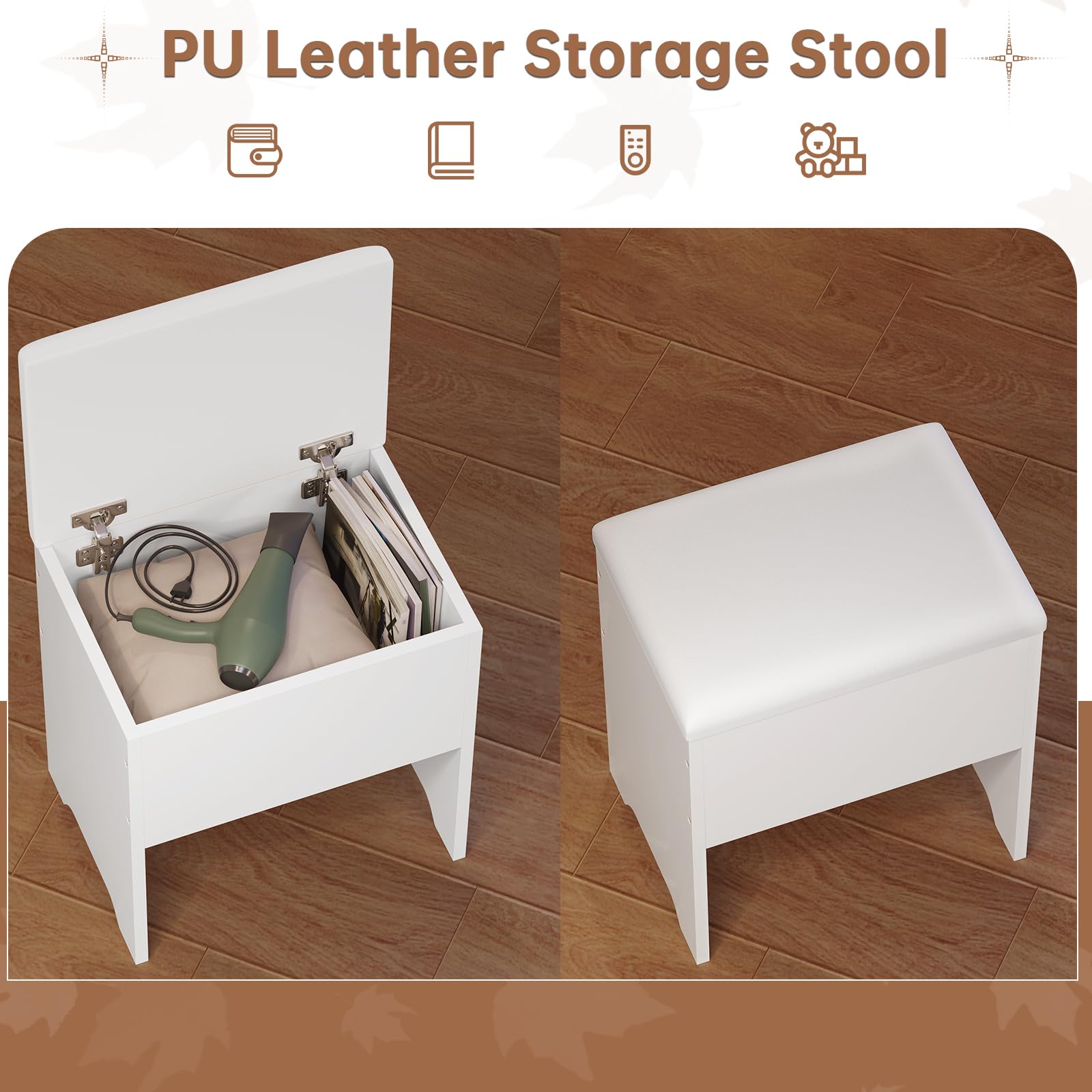 Modern White L-Shaped Vanity Desk Set with LED Mirror Lights, Storage Bench & Power Outlet - 42.5