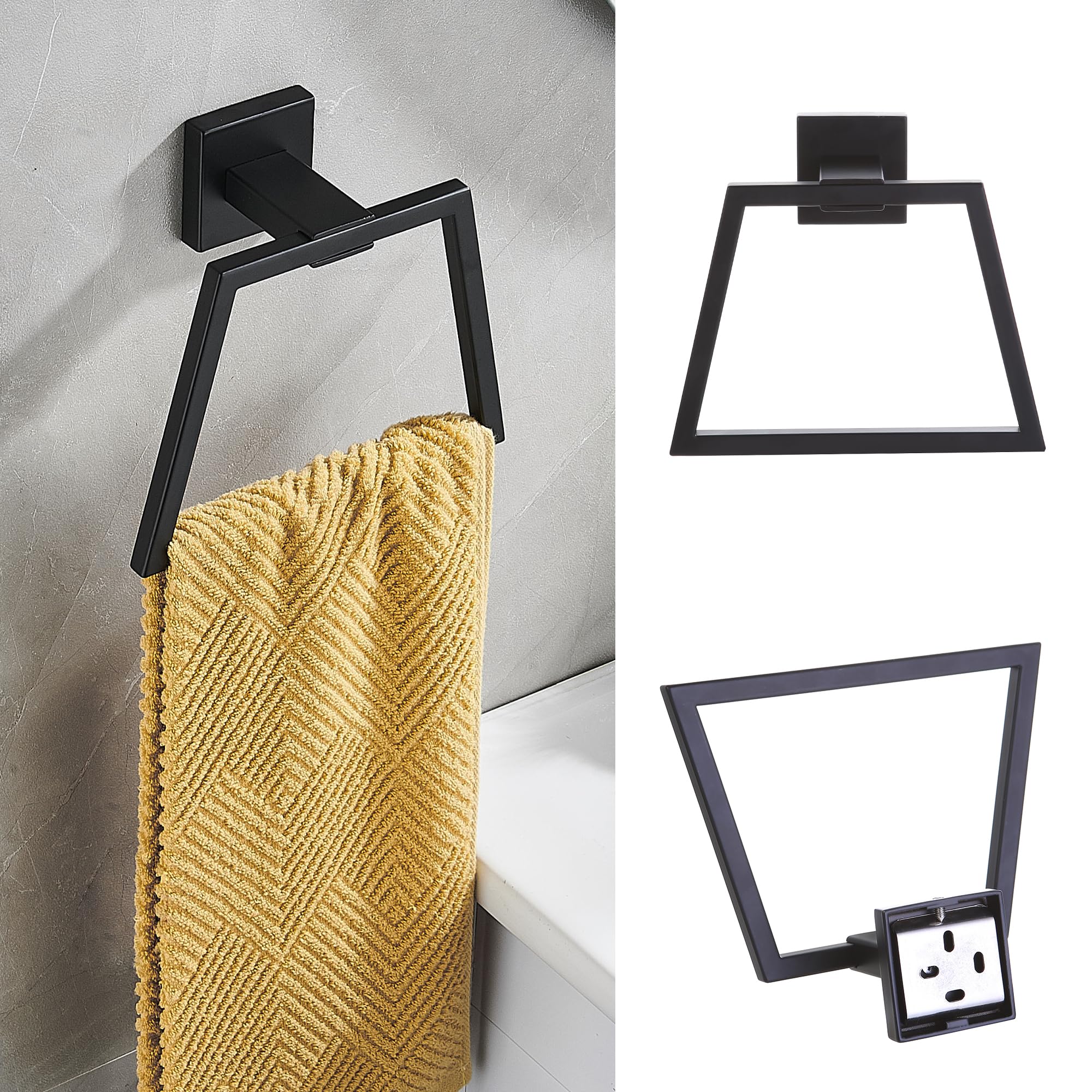 Modern Matte Black Square Hand Towel Ring - Stainless Steel Wall Mounted Towel Holder for Bathroom, Kitchen & Spa - Durable & Stylish Bathroom Accessory