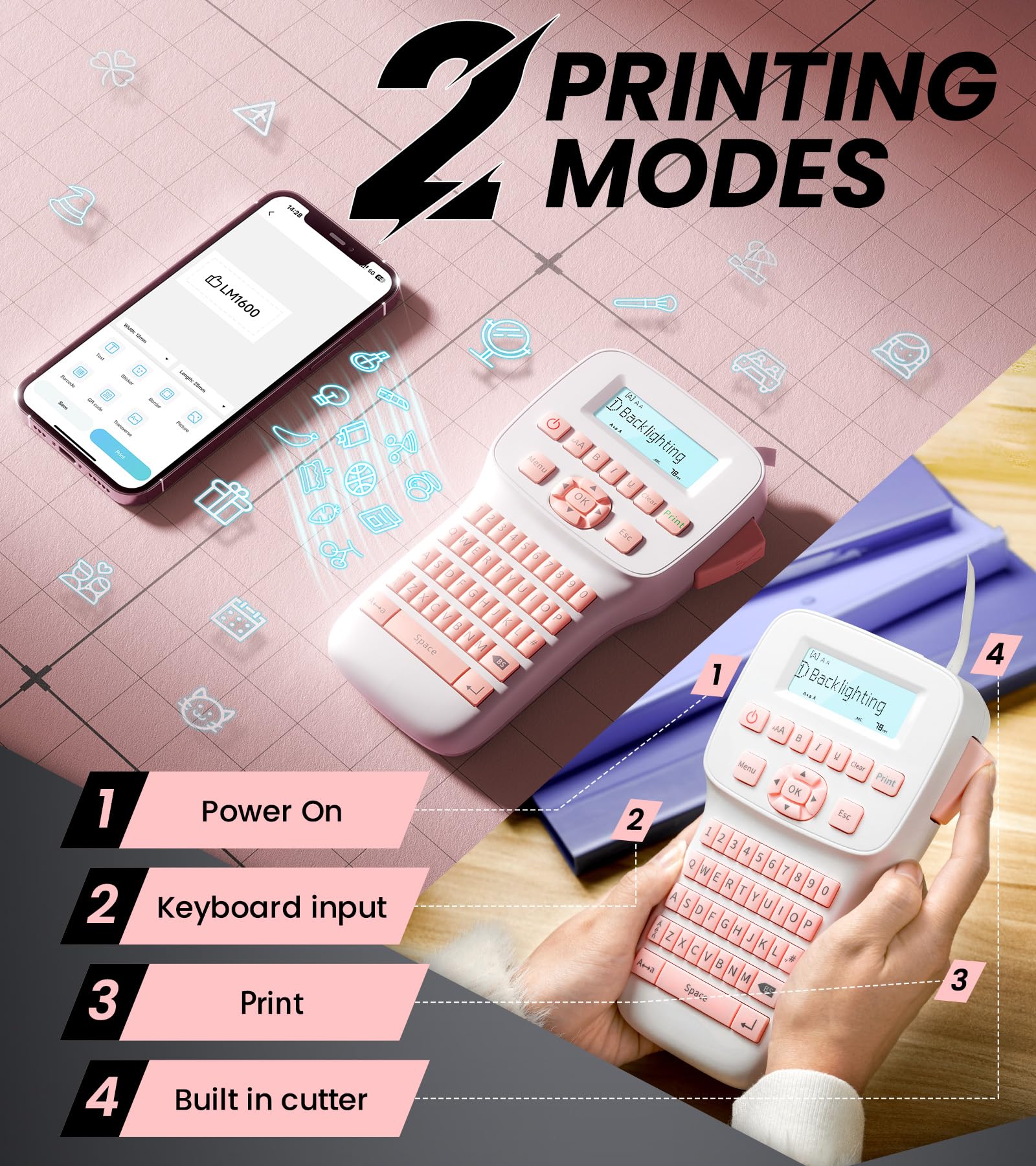 Rechargeable Bluetooth Label Maker with Keyboard - LM1600 Handheld Labeling Machine, Backlit Large Display, Portable Labeler for Home Office & School Organization (Pink) | Perfect for Organizing Files, Storage Boxes, and Office Supplies