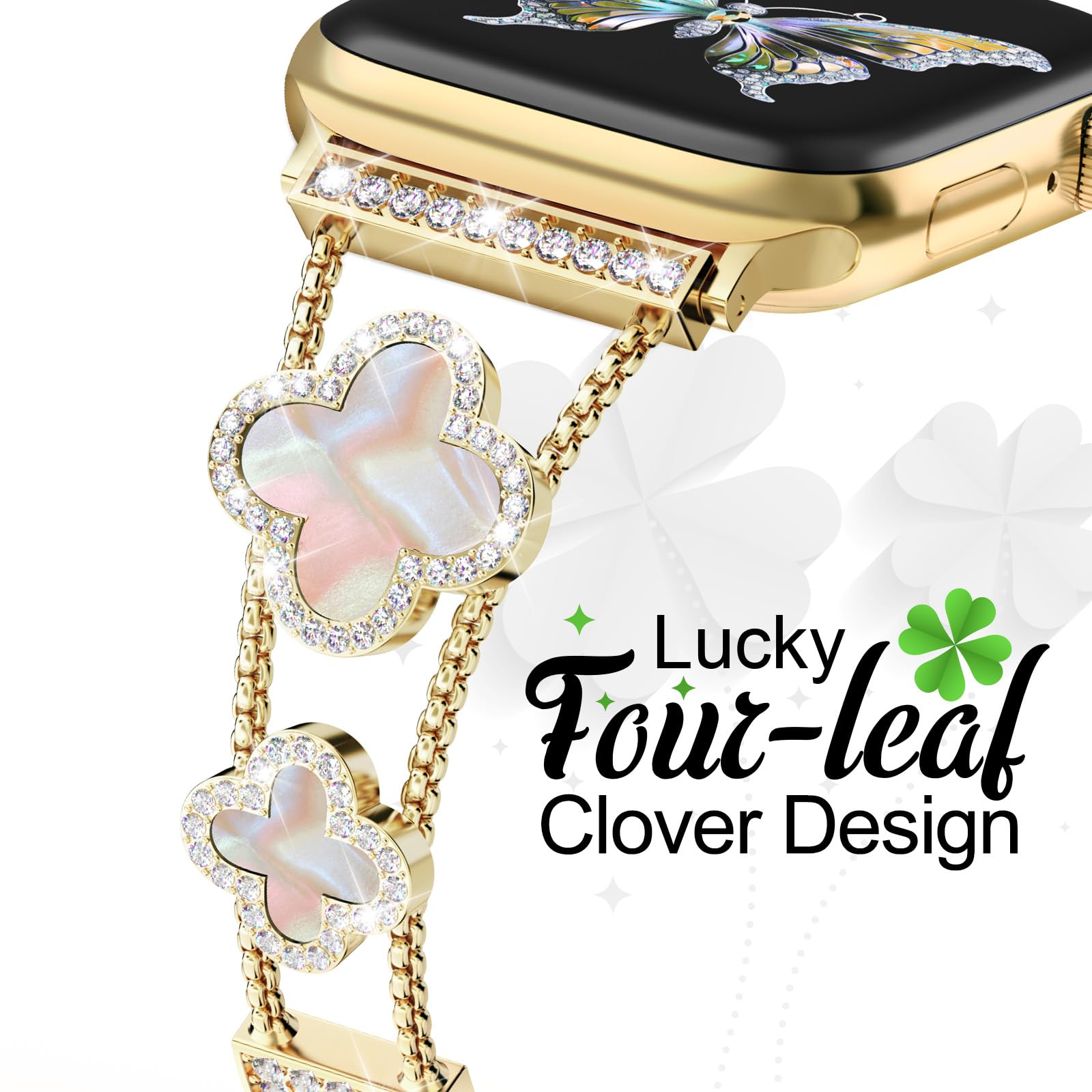 Sparkling Diamond Clover Apple Watch Band for Women - Compatible with Series 10/9/8/7/6/5/4/3/2/1, SE & Ultra (38mm/40mm/41mm) - Luxury Replacement Bracelet for Workouts, Parties & Everyday Wear