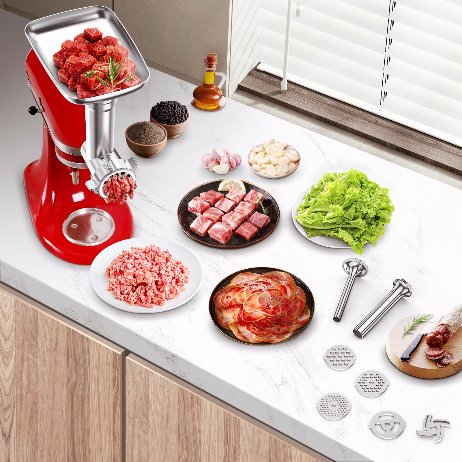 KitchenAid Stand Mixer Metal Food Grinder Attachment - Heavy Duty Meat Grinder with Sausage Stuffer Tubes, Holder, Grinding Plates & Blades - Perfect for Homemade Burgers, Sausages & Pet Food