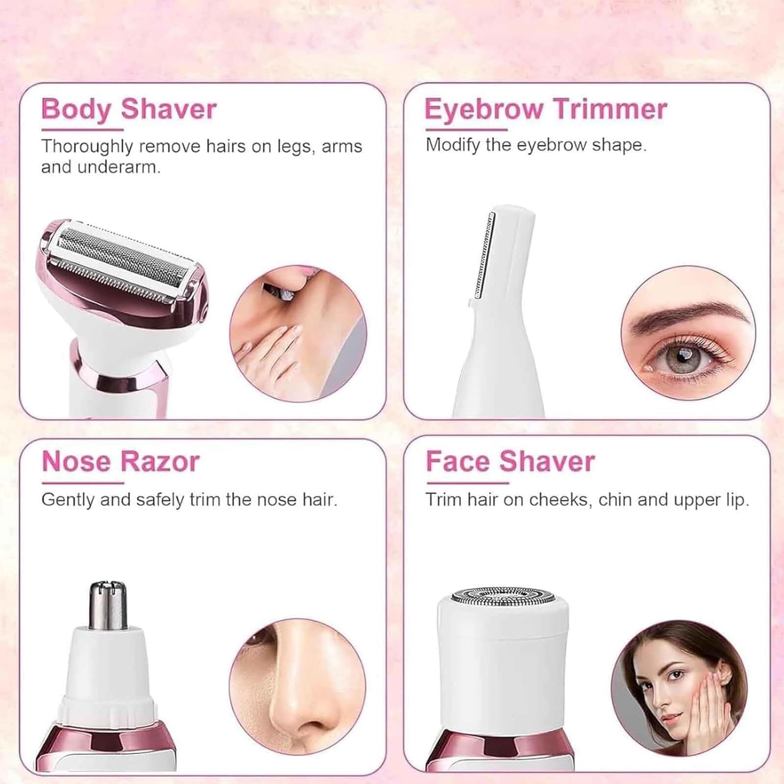 4-in-1 Cordless Electric Hair Trimmer for Women - Rechargeable Lady Shaver & Body Groomer with Washable Head, Wet/Dry Use - Perfect for Travel, Bikini Line & Underarm Hair Removal (2-Pack)