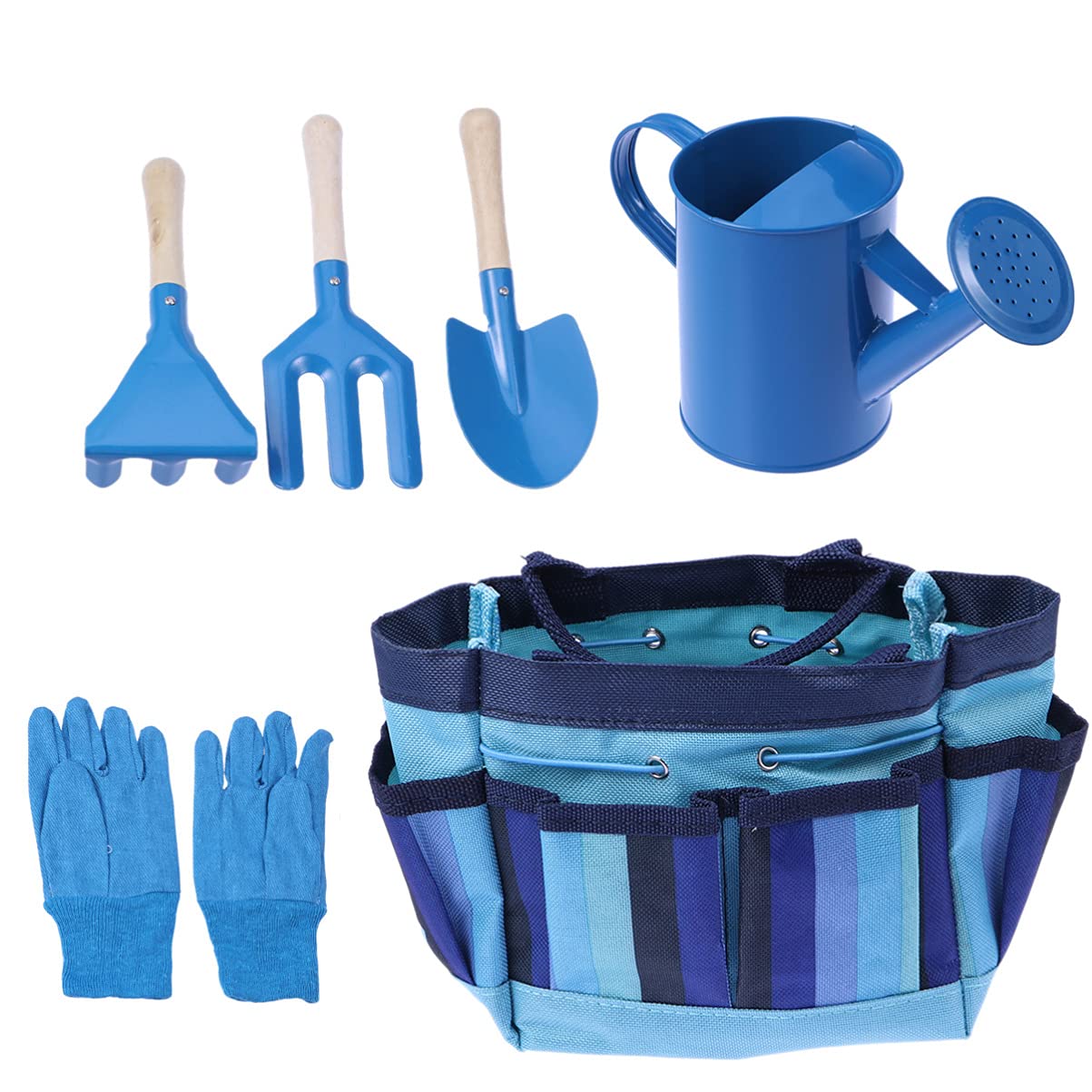 **Cabilock Blue Kids Gardening Tool Set - Includes Watering Can, Gloves, Shovel, Rake & Fork - Outdoor Garden Planting Tools for Children with Storage Bag | Perfect for Backyard, School Projects & Family Gardening Activities**