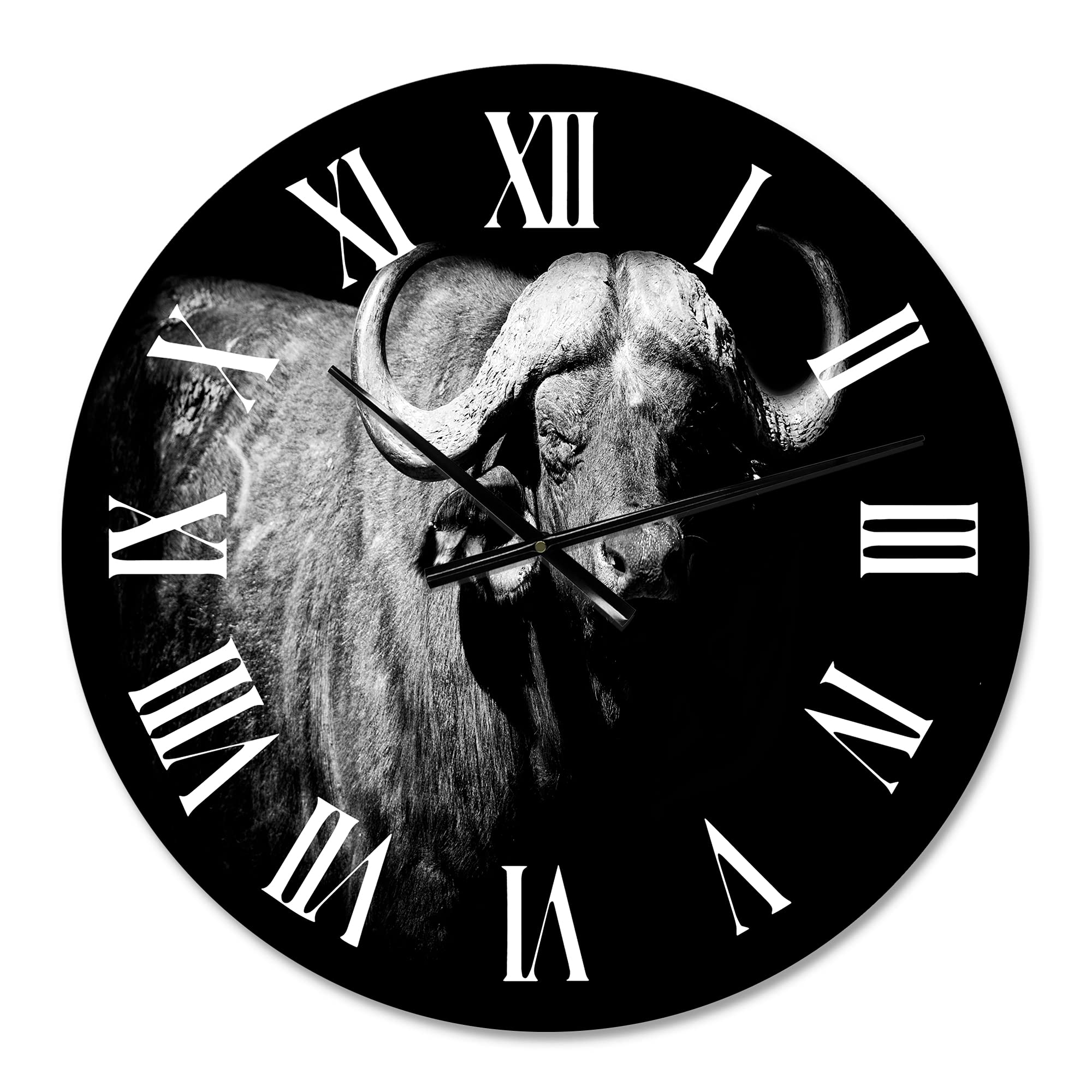 DesignQ Farmhouse Wall Clock - Monochrome Buffalo Portrait I - Large Animal Wall Clock for Bedroom, Living Room, Kitchen Decor - Rustic Home & Office Wall Art