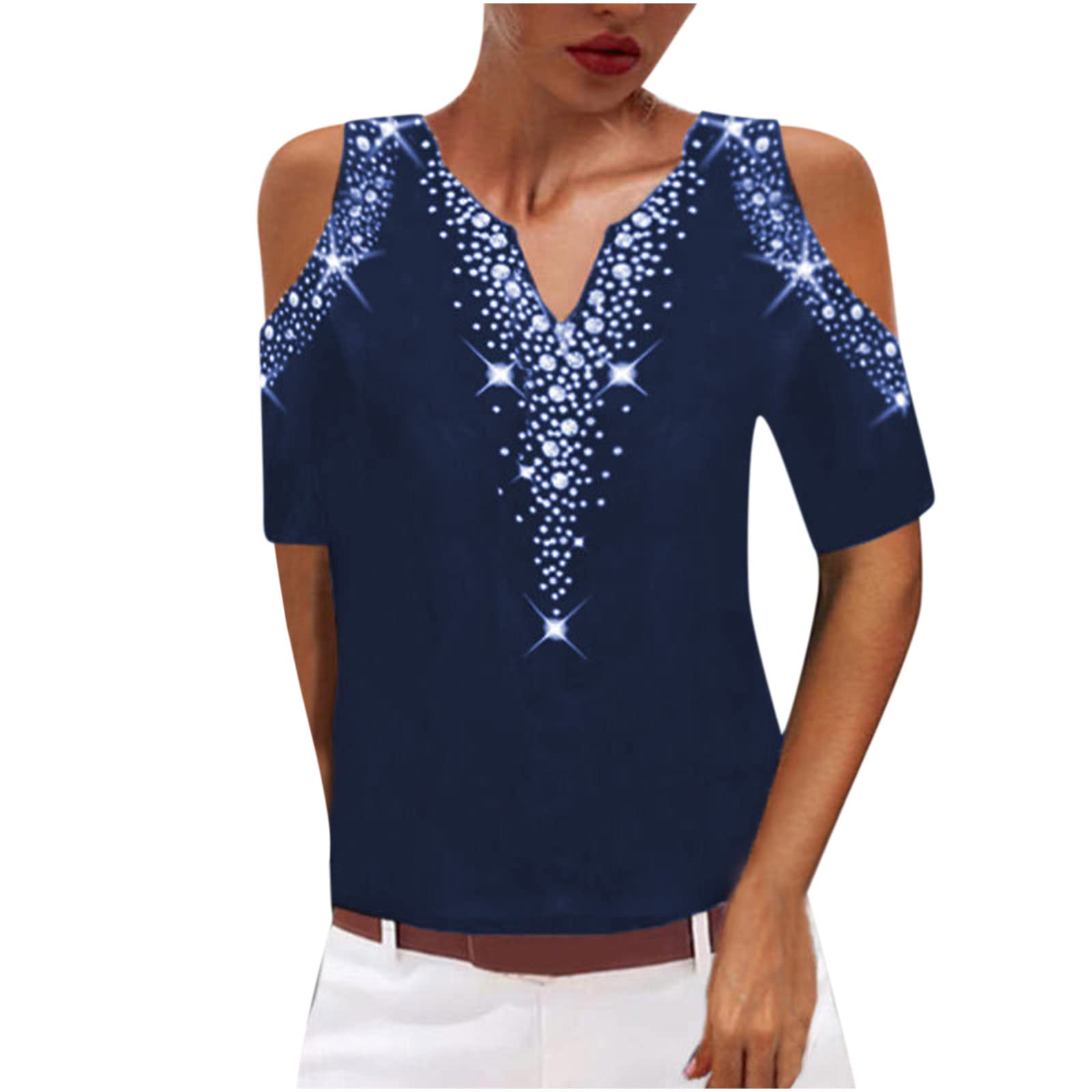 Trendy Women's Cold Shoulder Tops with Personalized Print - V Neck Summer Blouses for Casual & Dressy Occasions - Perfect for Beach Outings, Date Nights & Weekend Wear