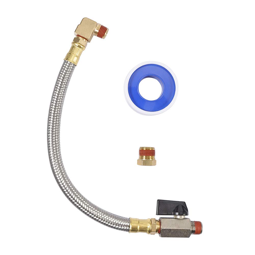 10 Inch Extended Tank Drain Valve Assembly Kit with Flexible Braided Steel Tube & 1/4 Inch NPT Pipe Fitting for Air Compressor - Perfect for Industrial, Garage, and Workshop Use