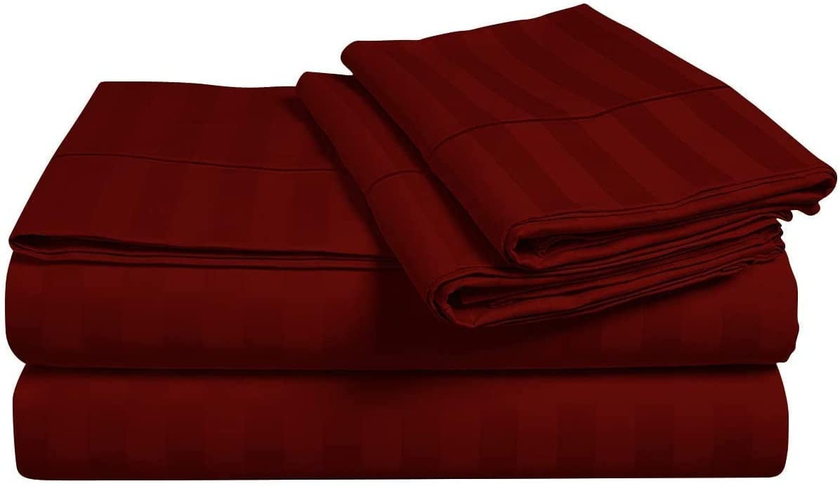 800 Thread Count Pure Cotton Split Queen Size Bed Sheet Set - Burgundy Stripe 5-Piece Bedding with Pillowcases for Adjustable Beds | Fits 12
