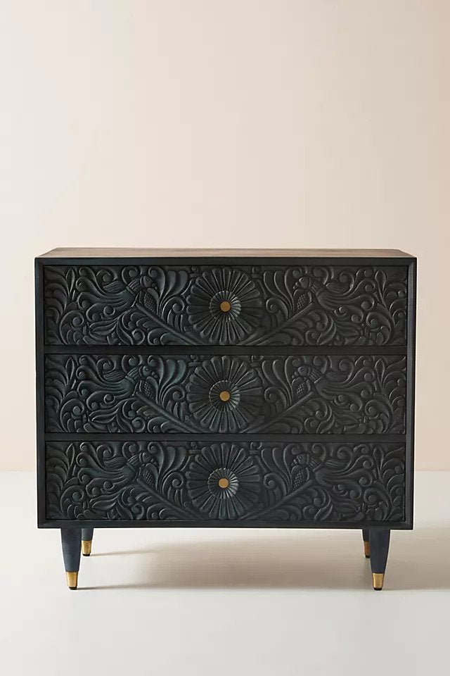 Hand Carved Gulliver Three Drawer Wooden Dresser - Modern Solid Wood Bedroom Chest of Drawers for Storage & Organization | Perfect for Bedroom, Nursery, or Guest Room Furniture