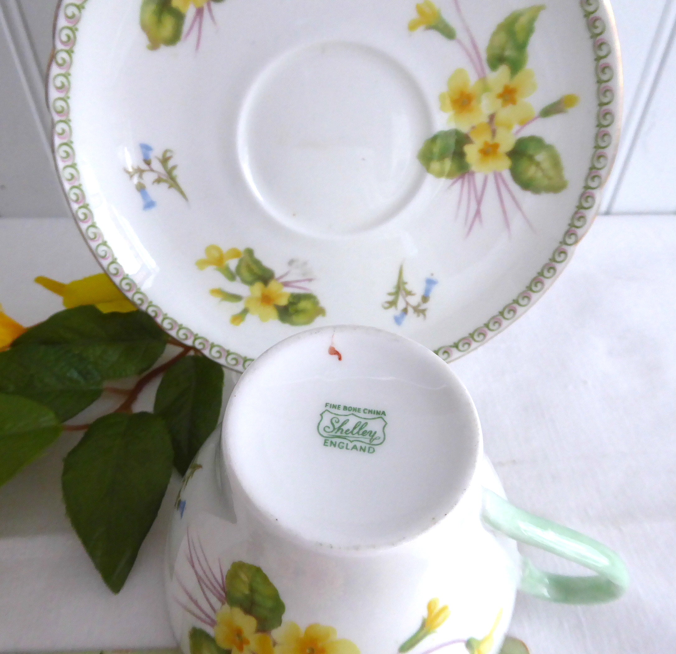 Vintage Shelley Primrose Cambridge Cup and Saucer Set with Green Handle & Gold Trim - 1950s English Fine China for Afternoon Tea & Collectible Display