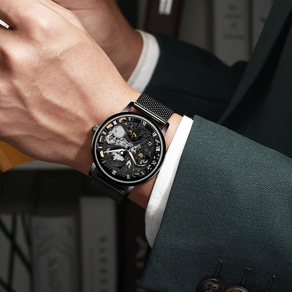 Men's Skeleton Mechanical Watch with Roman Numerals & Mesh Strap - Hand Winding Luminous Waterproof Wristwatch for Business, Casual & Formal Occasions