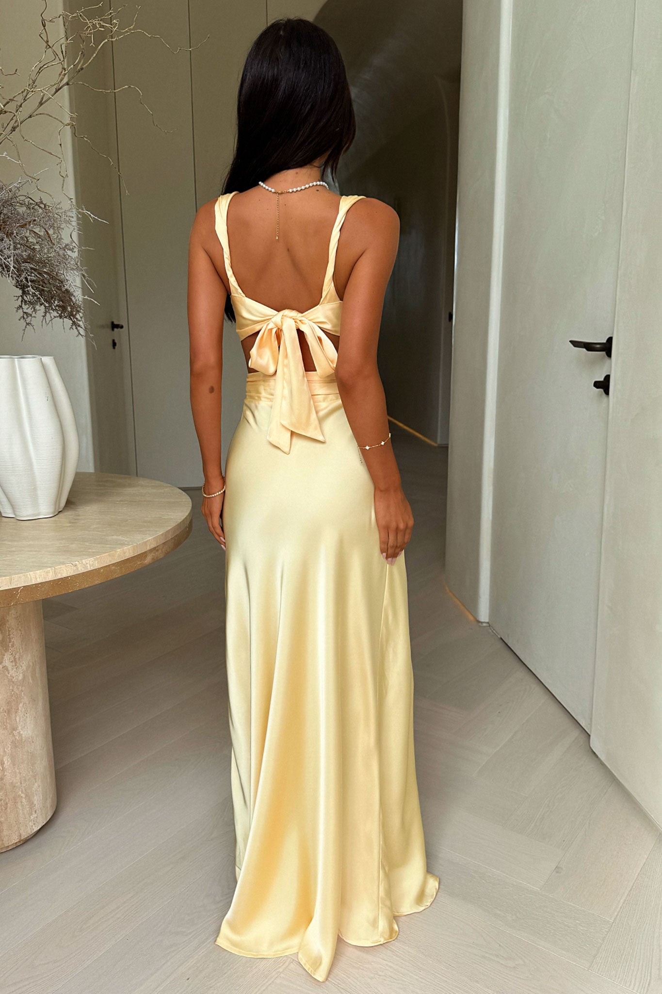 Emeline V Neck Satin Maxi Dress for Women - Elegant Yellow Evening Gown for Parties, Weddings & Special Occasions