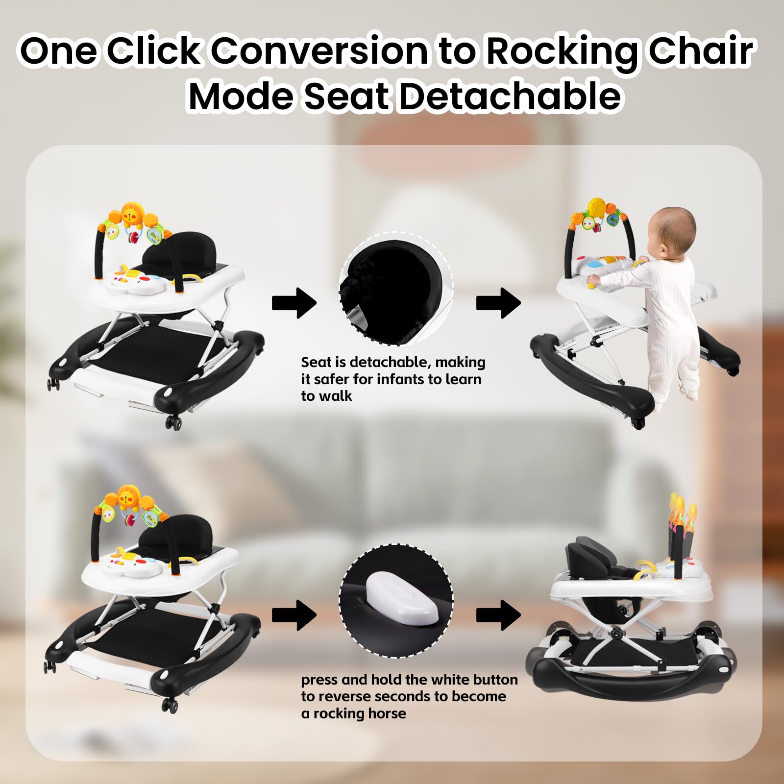 5-in-1 Foldable Baby Walker with Bouncer, Adjustable Height & Removable Tray - Interactive Learning Toy with Music for Infants 6-18 Months - Perfect for First Steps, Playtime & Feeding (Ideal for Nursery, Living Room & Daycare)