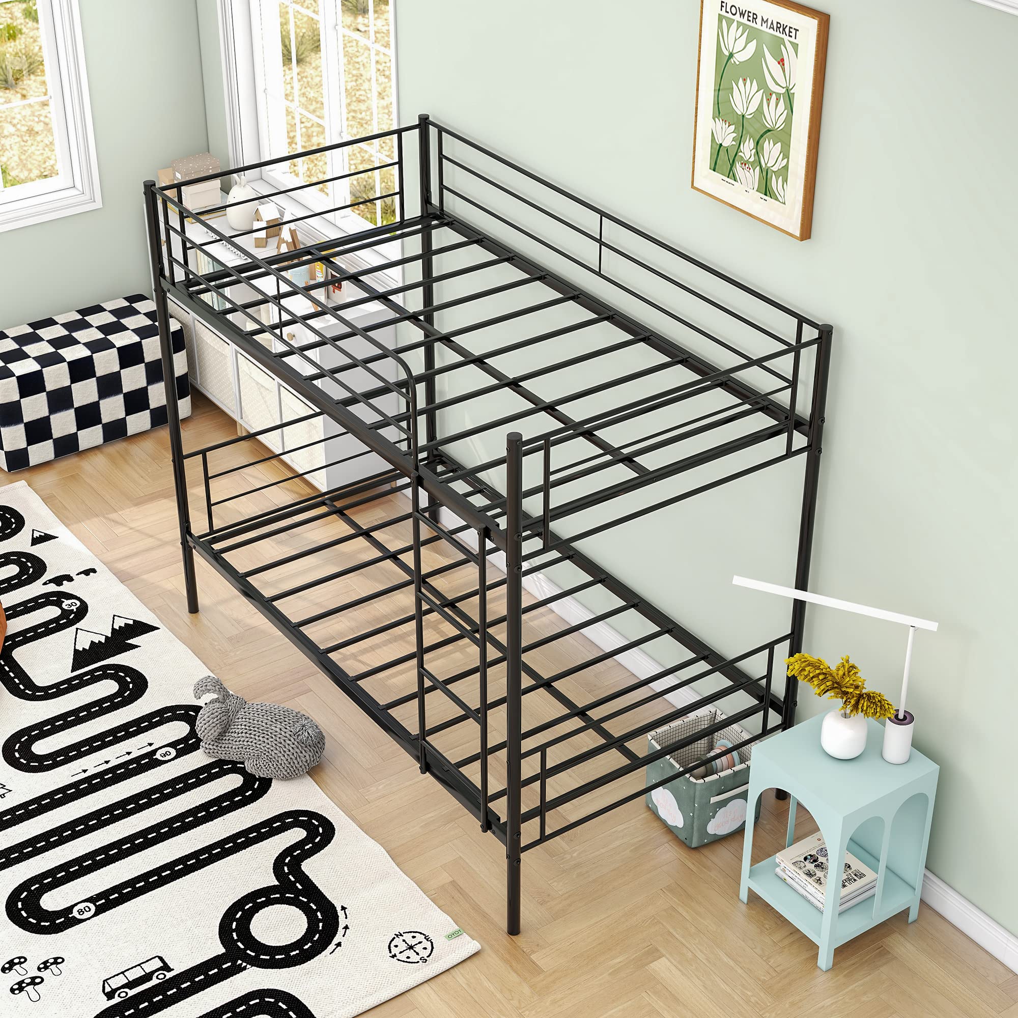 JURMERRY Heavy Duty Metal Twin Over Twin Bunk Bed Frame with Ladder - Sturdy Black Space-Saving Bunk Bed for Kids, Teens & Guest Rooms - Perfect for Small Bedrooms, Dorms & Vacation Homes