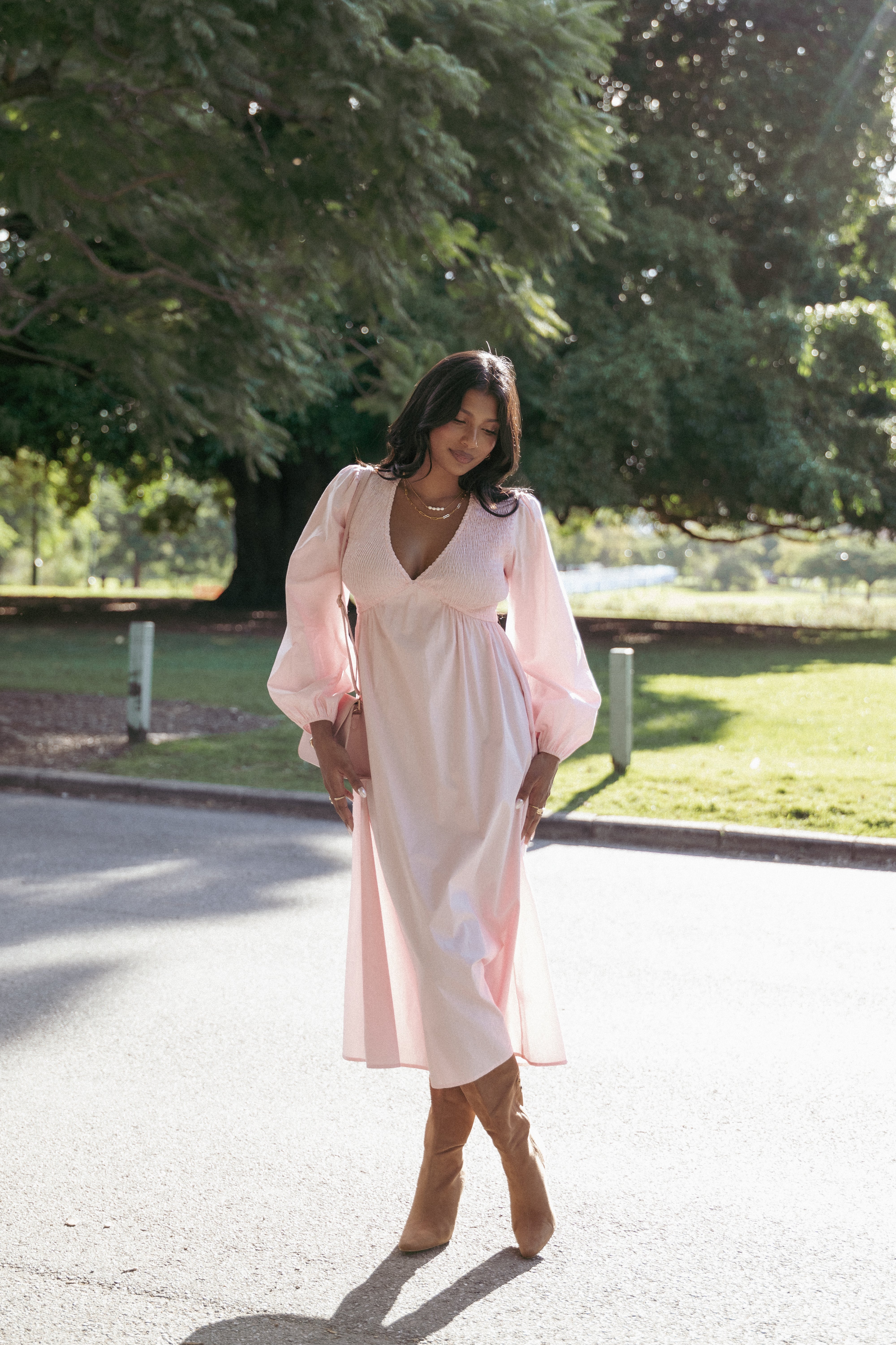 Ilyana Long Sleeve Maxi Dress for Women - Elegant Pink Flowy Formal Gown for Weddings, Parties & Special Occasions
