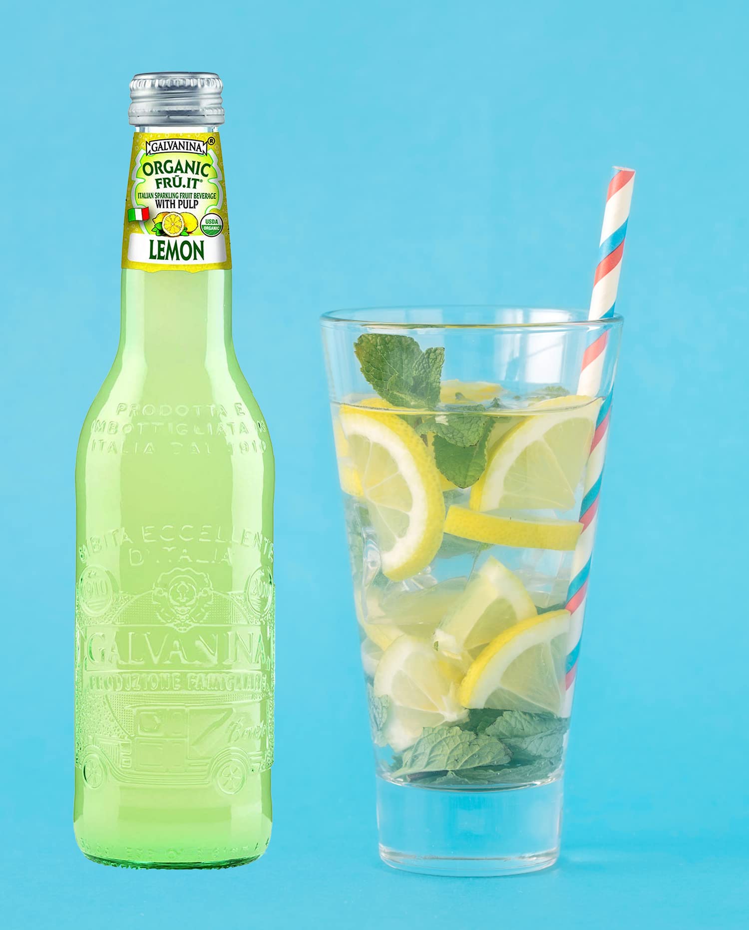 Premium Organic Italian Sparkling Lemonade with Pulp - Galvanina Natural Fruit Beverage - 12 Glass Bottles (12 fl oz Each) - Perfect for Parties, Picnics & Refreshing Summer Drinks