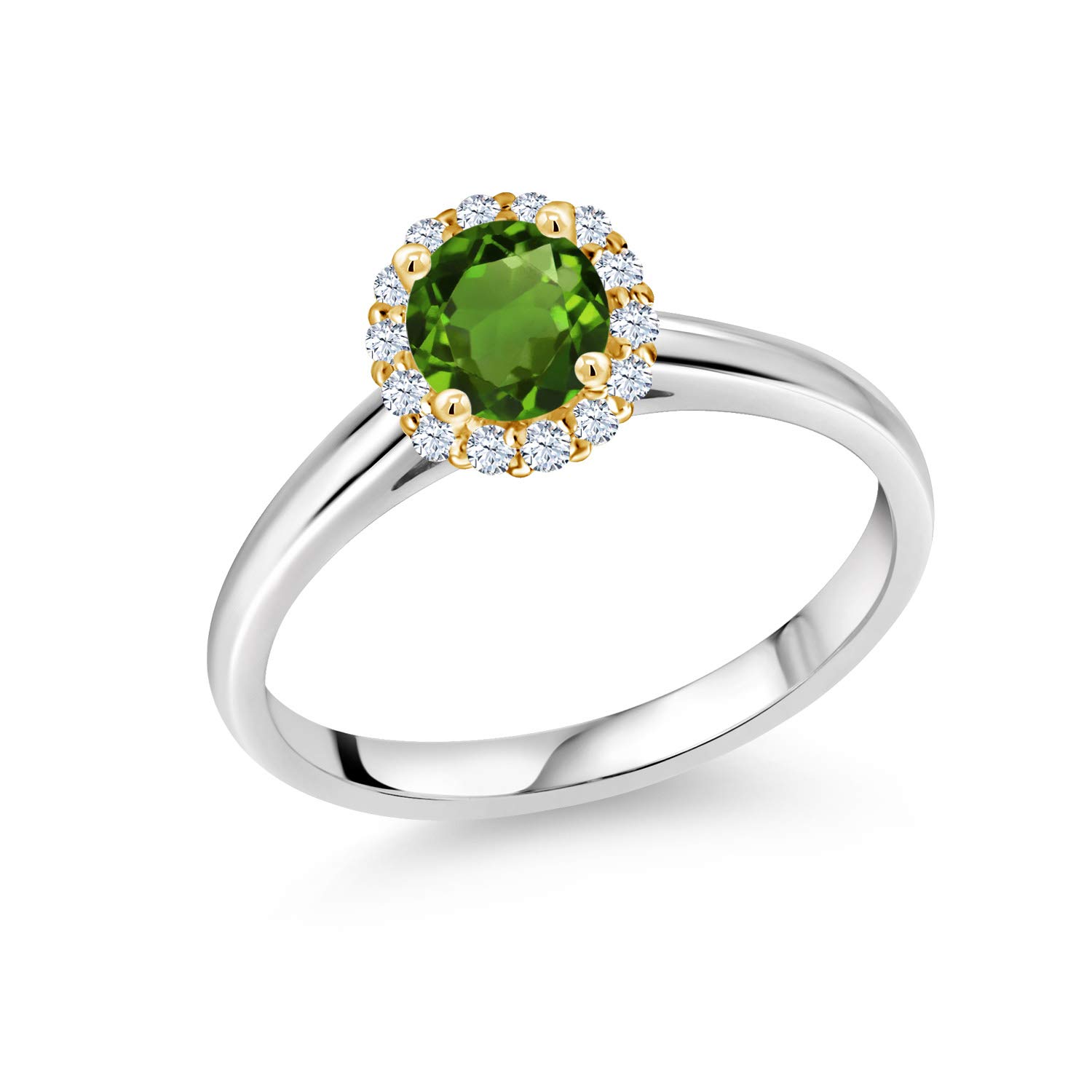 0.67 Ct Natural Green Chrome Diopside & White Created Sapphire 10K White Gold Ring with Yellow Gold Prongs - Elegant Engagement, Wedding, Anniversary Jewelry Gift for Women