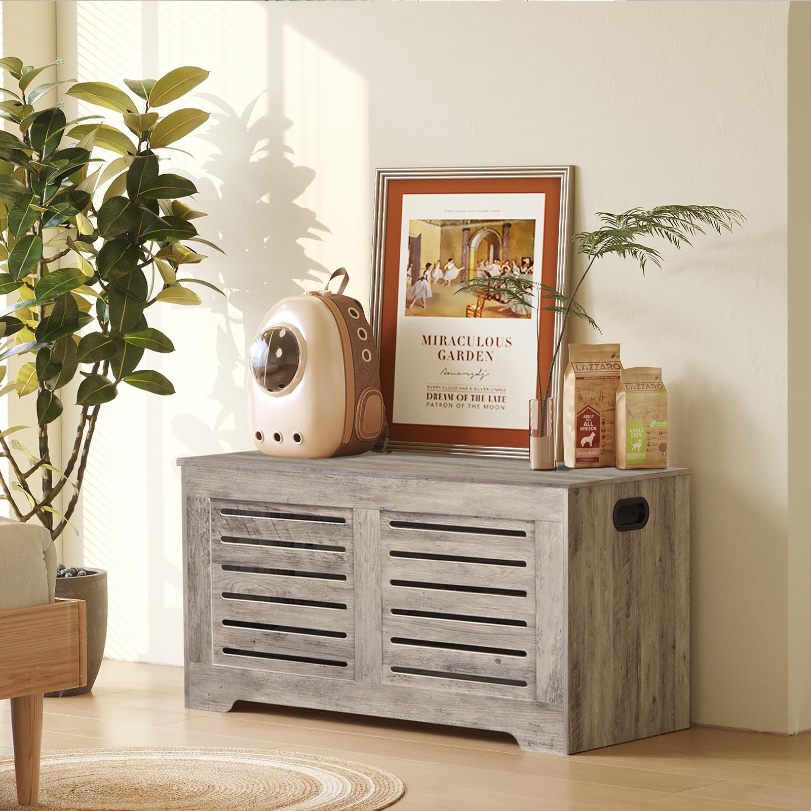 DINZI LVJ Wooden Storage Chest - Flip-Top Toy Box with Safety Hinges, Retro Entryway Shoe Bench, Large Sturdy Trunk for Living Room & Bedroom - Easy Assembly, Greige - Perfect for Kids' Room Organization & Entryway Storage