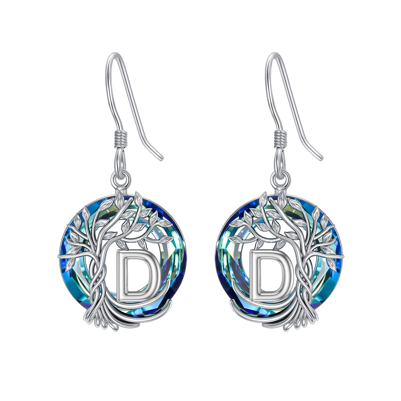 TOUPOP 925 Sterling Silver Tree of Life Initial Earrings with Blue Circle Crystal - A-Z Letter Drop Dangle Earrings for Women | Valentine's Day, Anniversary & Birthday Gift for Her, Girlfriend or Mom | Perfect for Date Night, Wedding & Special Occasions