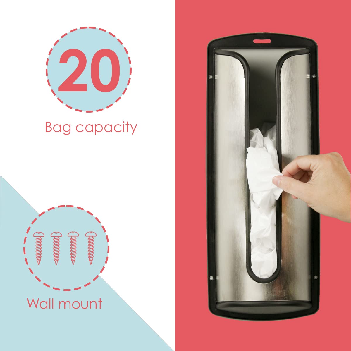 Home Basics Silver Wall-Mounted Plastic Bag Organizer Dispenser - Single Pack with Installation Hardware | Metal & Plastic Baggie Storage Solution | Perfect for Kitchen, Pantry, Garage & Laundry Room Organization