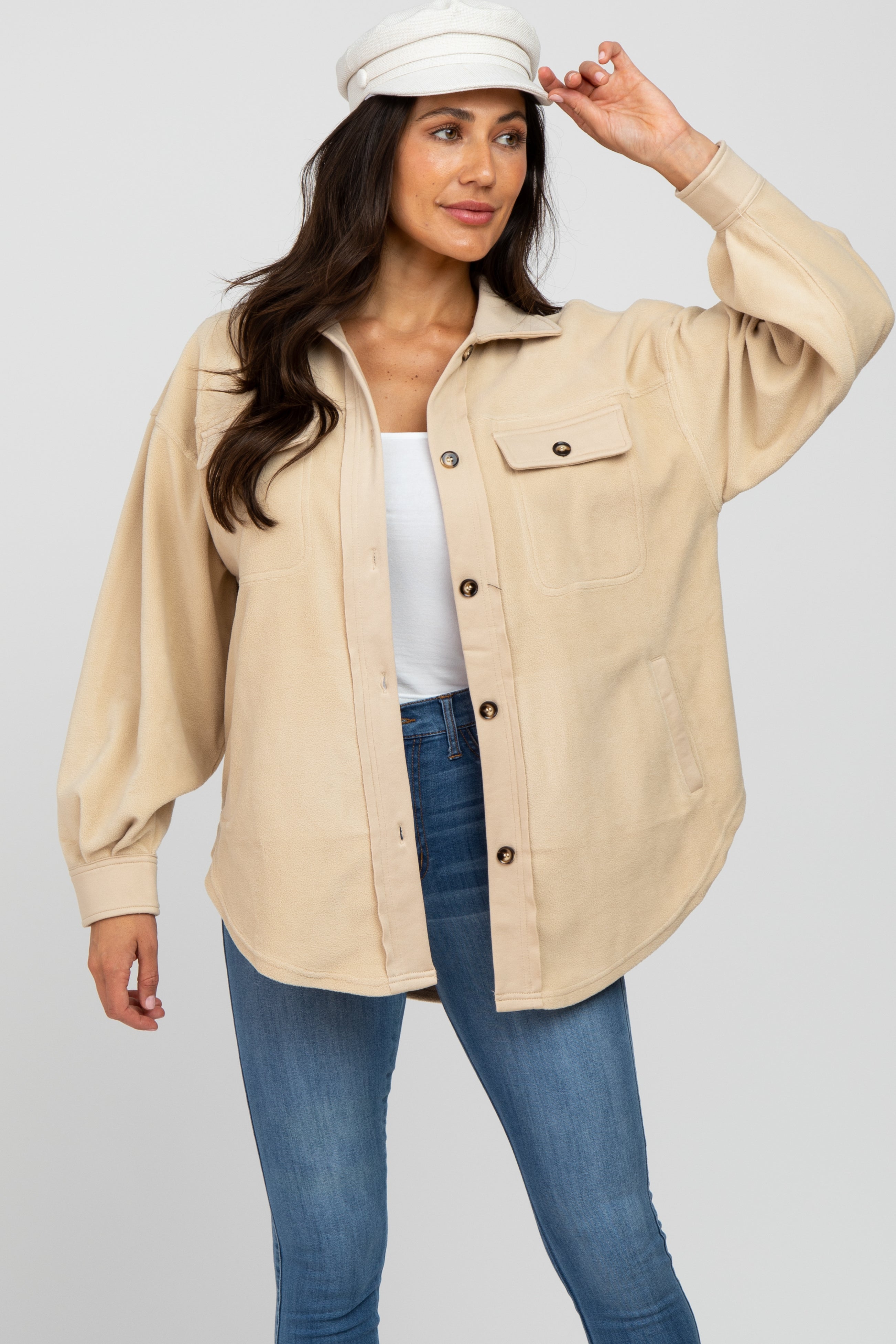 Beige Fleece Button Down Oversized Maternity Jacket - Cozy Winter Pregnancy Coat for Women, Perfect for Casual Outings and Nursing Comfort