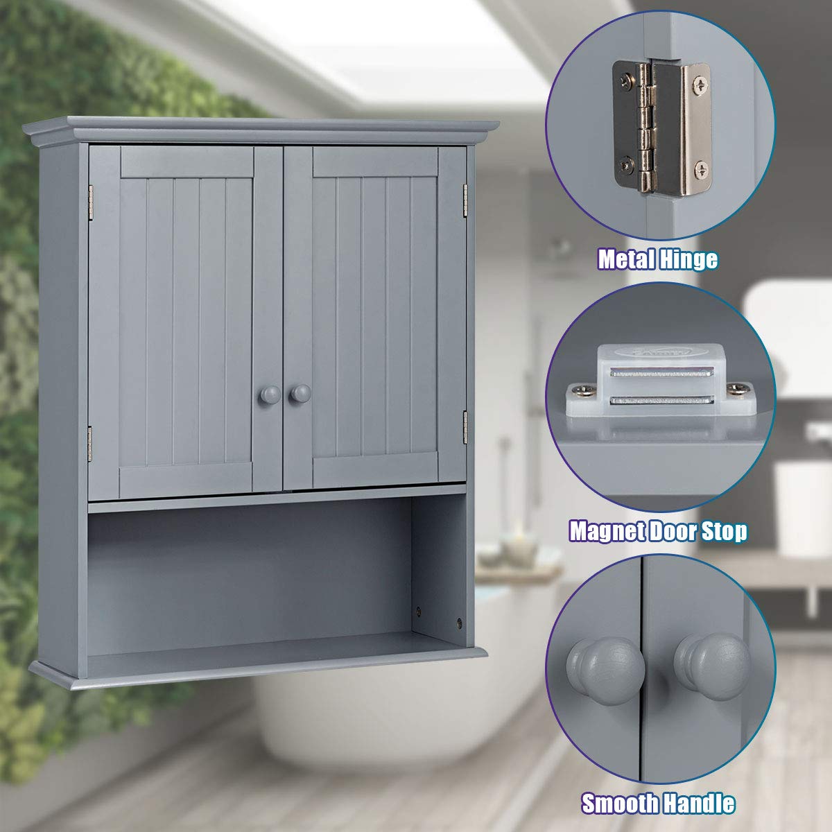 GOFLAME 2-Door Wall Mounted Bathroom Cabinet - Adjustable Shelf Wooden Medicine Storage with Hanging Design, Large Capacity Gray Bathroom Organizer | Perfect for Toilet, Vanity & Shower Storage Organization