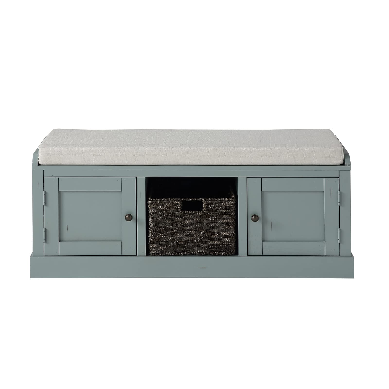 OIECAYE Wooden Storage Bench with 2 Cabinets & Removable Basket - Entryway Shoe Bench for Hallway, Living Room - Fully Assembled Home Furniture (Light Blue) - Perfect for Organizing Shoes, Hats & Seasonal Items in Small Spaces
