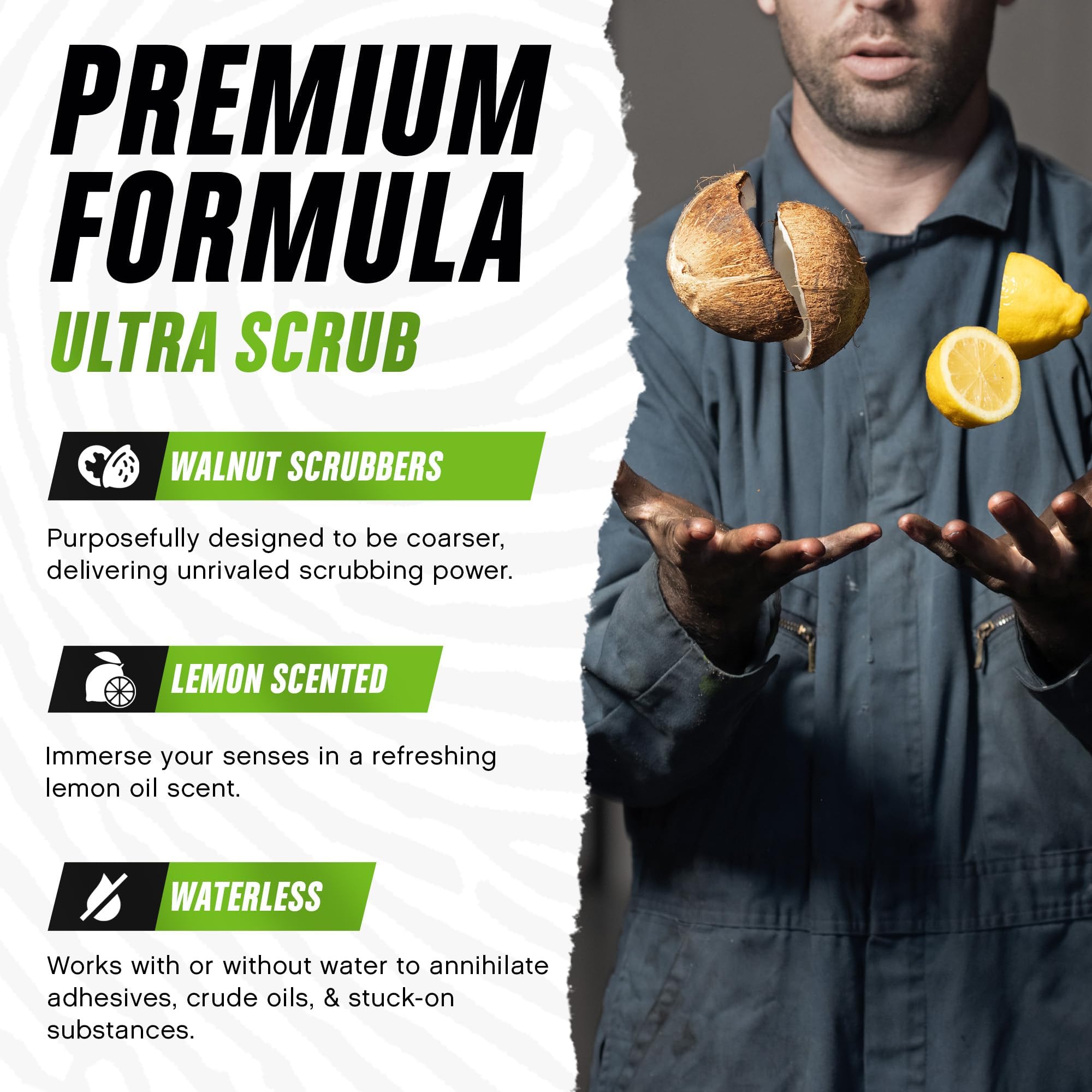 Grip Clean Ultra Heavy Duty Hand Cleaner for Auto Mechanics - Walnut Scrub Exfoliating Waterless Hand Soap | Removes Grease, Oil, Paint & Tough Dirt | Lemon Scented | Ideal for Garage, Workshop & DIY Projects