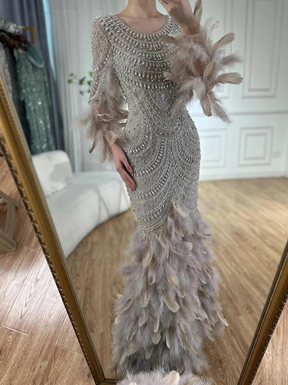 Luxury Dubai Nude Saudi Arabic Evening Gown with Beaded Feathers - Elegant Formal Dress for Women LA72736 | Perfect for Weddings, Galas & Special Occasions