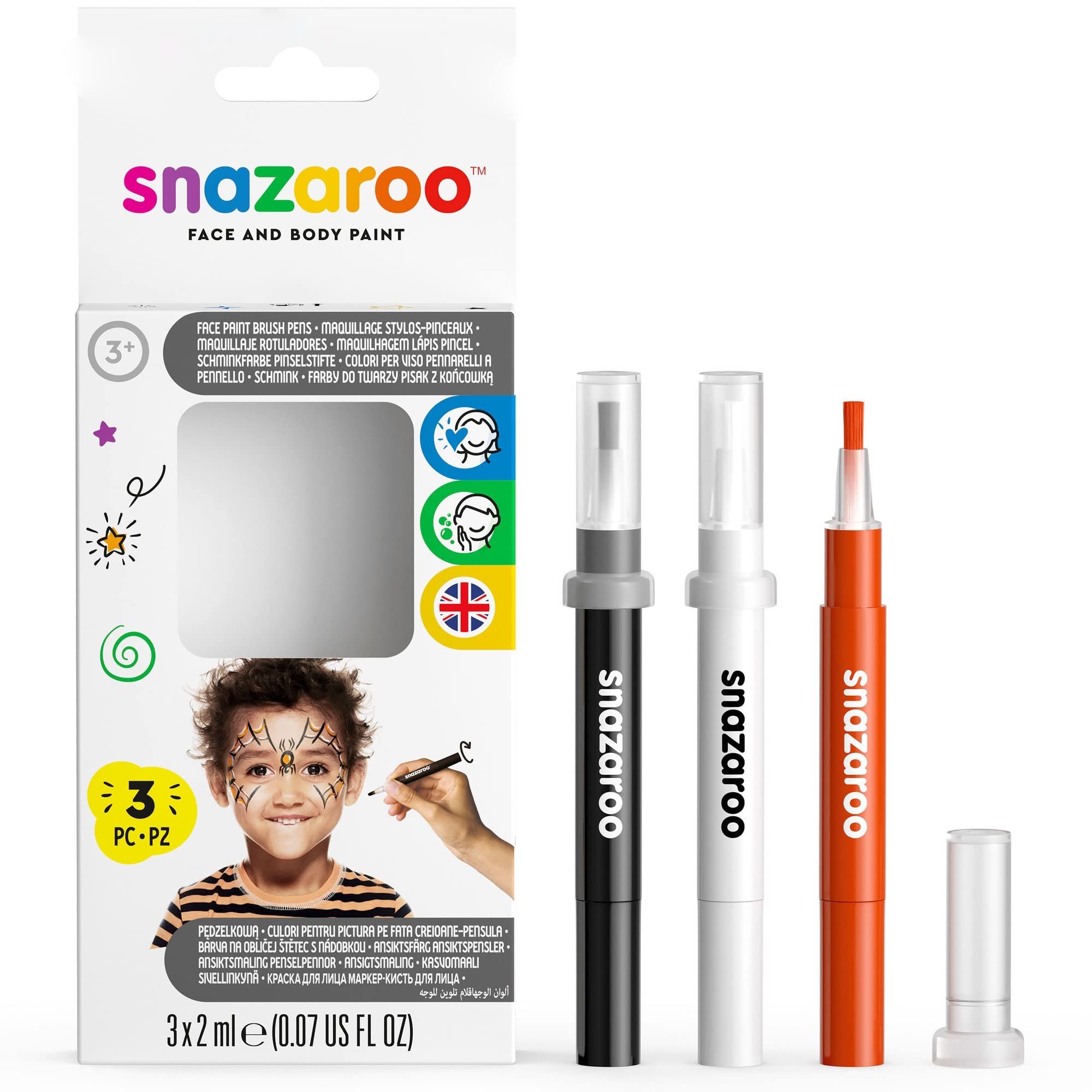 Snazaroo 3-Piece Halloween Face Paint Set - Black, White, Orange - Water-Based for Kids & Adults - Perfect for Costume Parties & Events