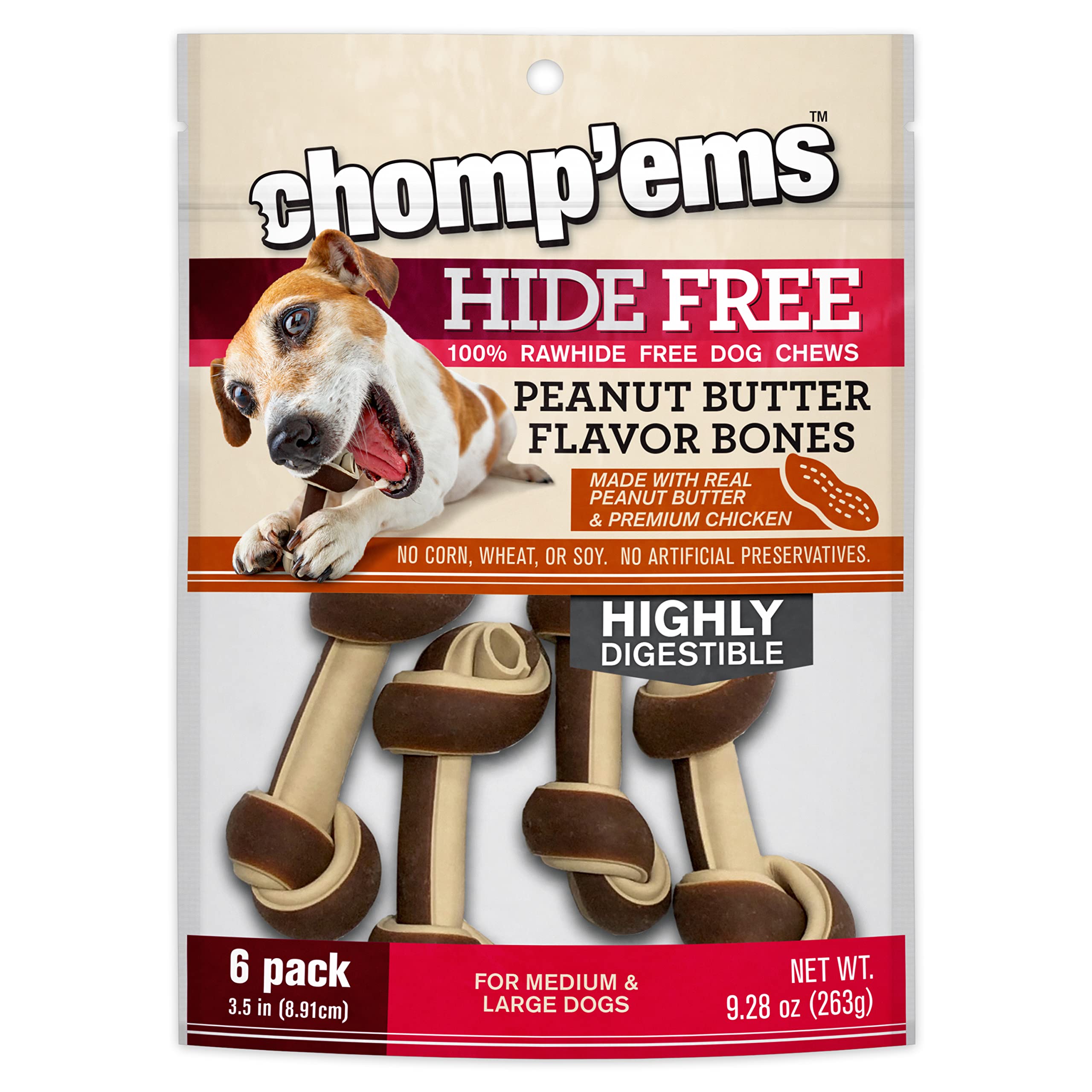 Chomp 'ems Chicken & Peanut Butter Rawhide-Free Dog Chews - Natural Hide Alternative Treats for Puppies & Adult Dogs - 3.5