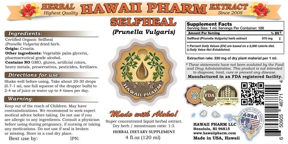 Organic Selfheal (Prunella Vulgaris) Liquid Extract Tincture - Herbal Supplement for Immune Support & Wellness - 32 fl.oz - Made in USA by Hawaii Pharm - Perfect for Natural Remedies & Holistic Health
