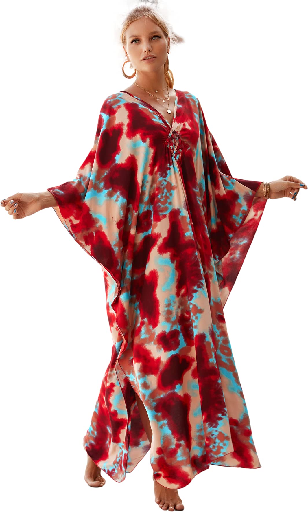 RanRui Women's Plus Size Floral Kaftan Dress with Wave Neck - Boho Chic Muumuu Beach Cover Up for Summer Vacation, Pool Party & Lounge Wear