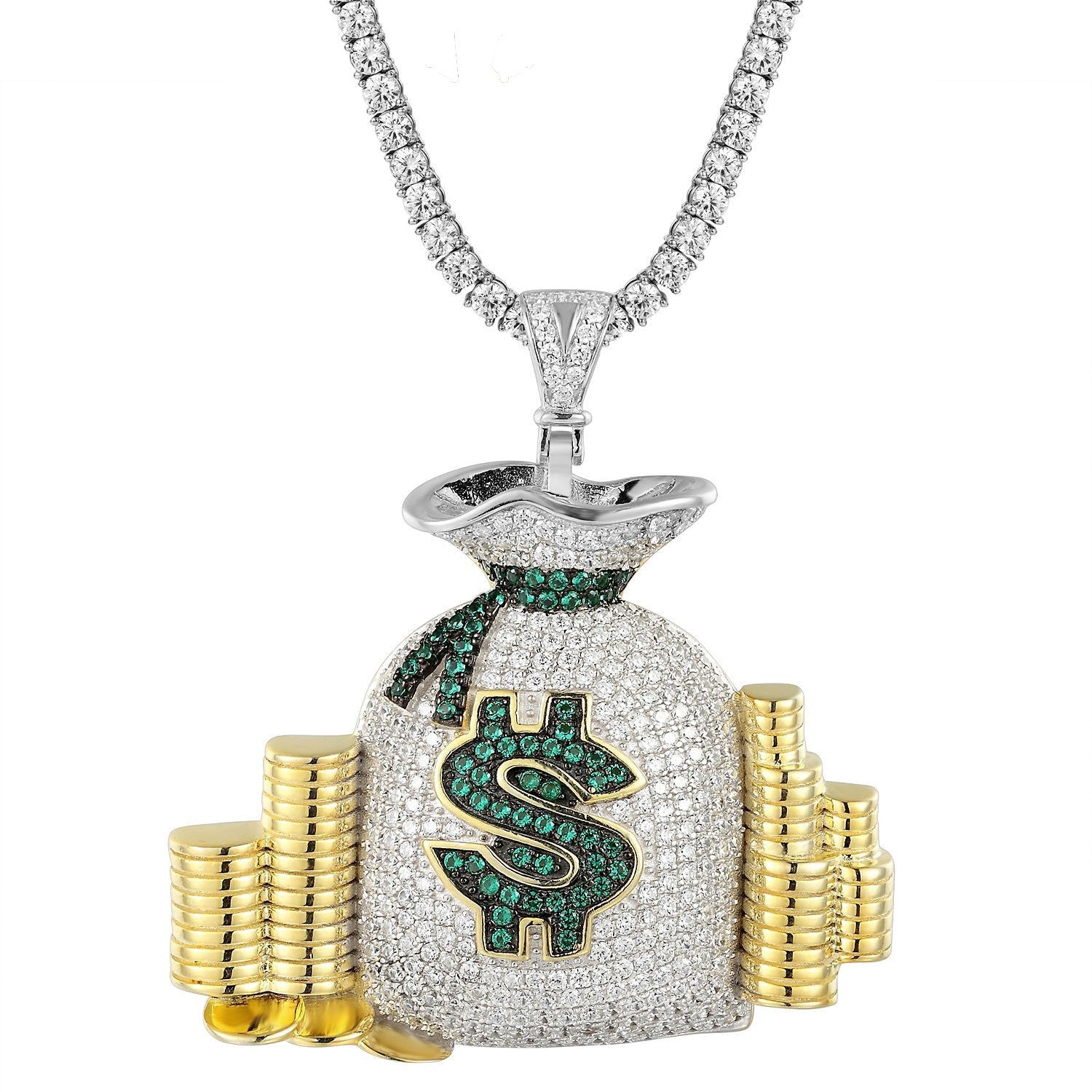 Money Bag Stack Cash Coins Pendant Necklace - Gold & Silver Hip Hop Jewelry for Men & Women - Perfect for Rappers, Bikers, and Streetwear Fashion