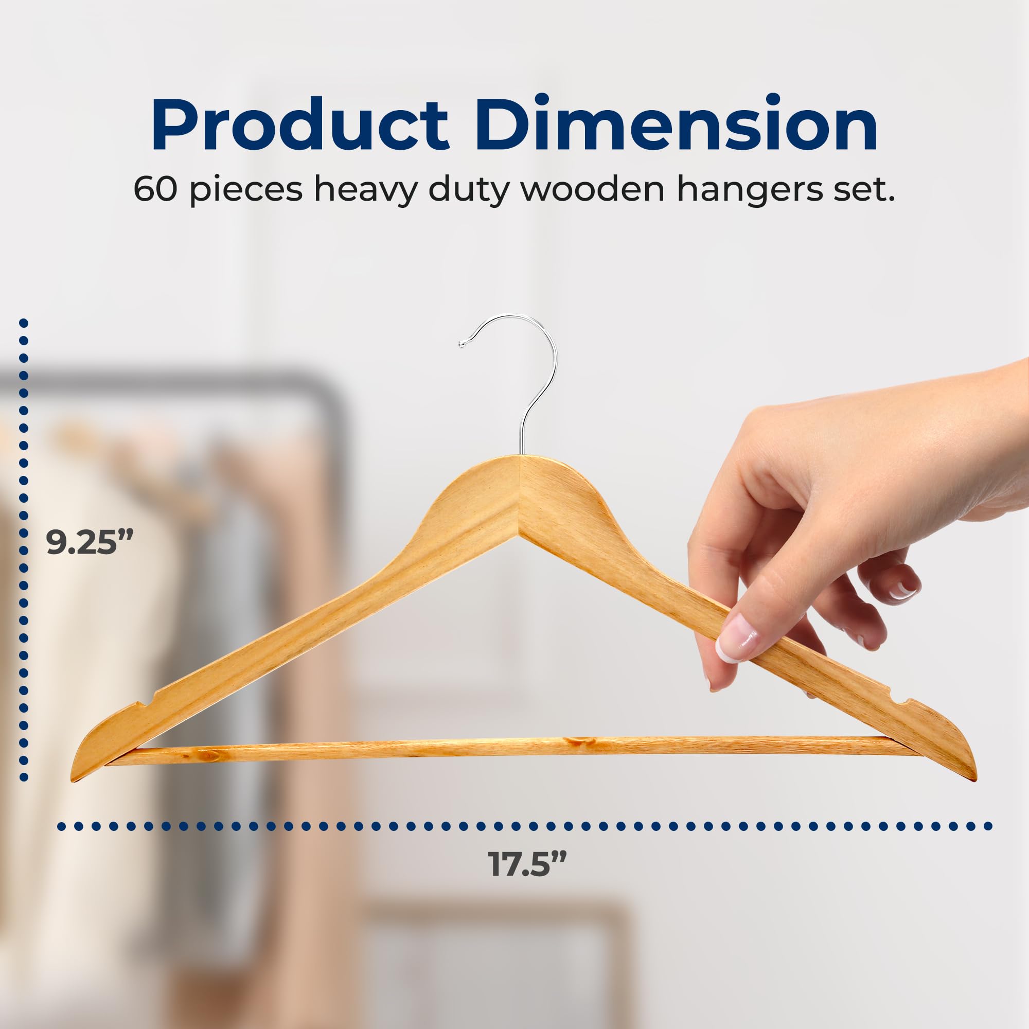SereneLife 60-Piece Solid Wooden Clothes Hangers Set - Heavy Duty Suit Hangers with 360° Swivel Chrome Hooks & Notched Design - Natural Wood Color for Wardrobe Organization & Closet Storage