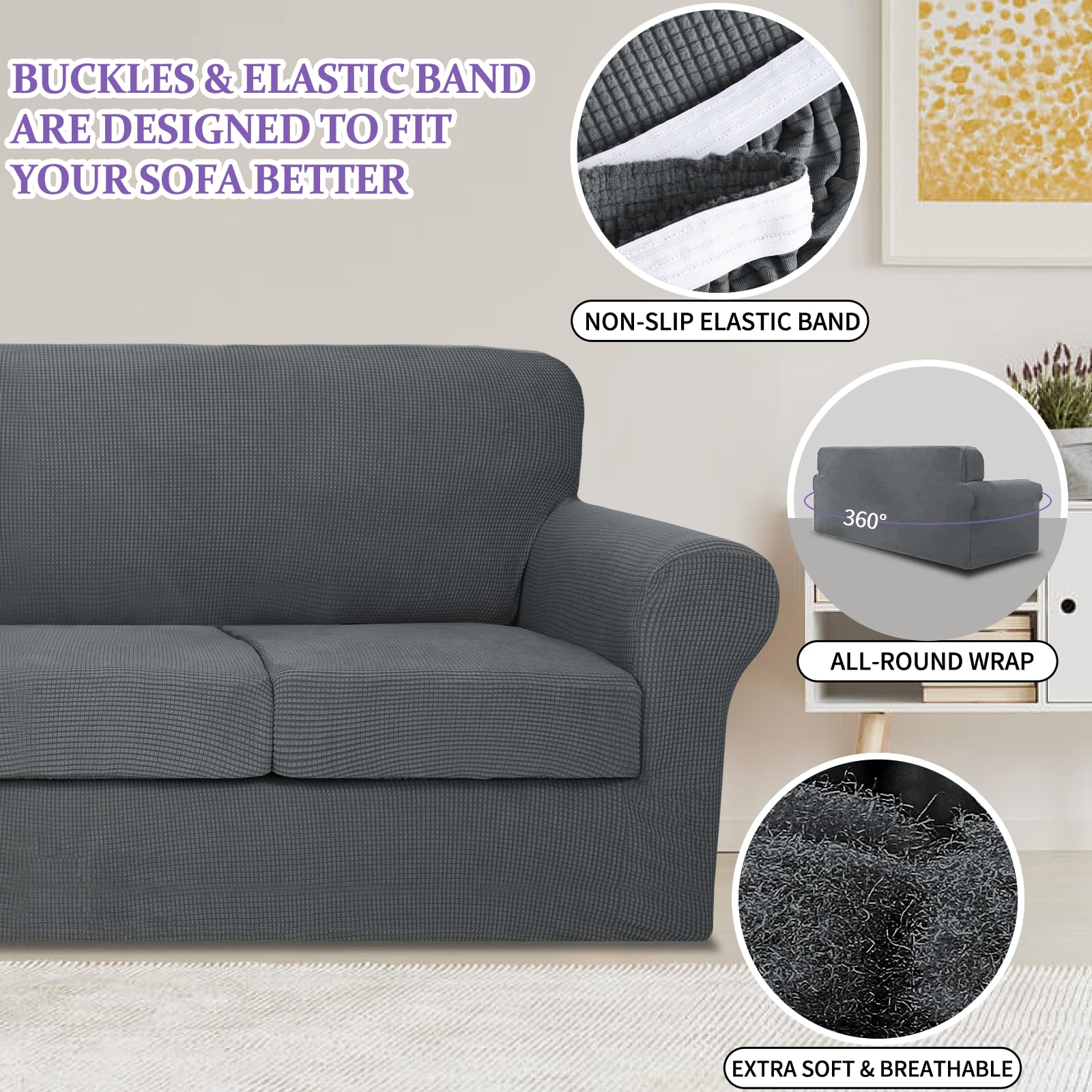 ZNSAYOTX 4-Piece Stretchable Jacquard Sofa Slipcovers - Dark Grey Couch Covers for 3-Cushion Couches, Machine Washable Furniture Protector for Living Room, Home Decor & Pet Protection