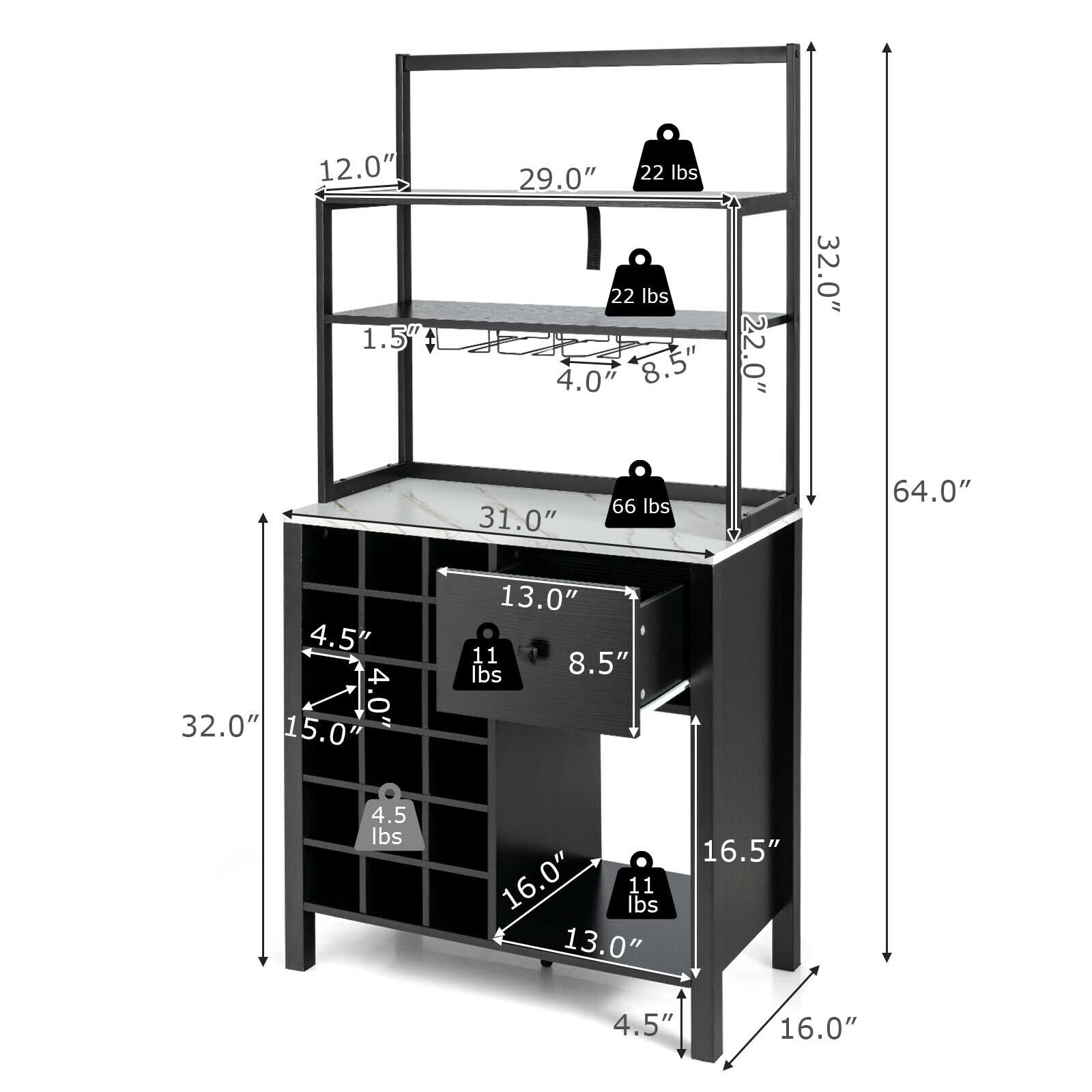 Giantex Sideboard with Hutch Shelf - Wood Buffet Wine Cabinet for 18 Bottles, 4-Tier Bakers Rack with Drawer & Glass Holder - Kitchen Microwave Stand, Living Room Storage Organizer in Black | Perfect for Dining Room, Bar, and Home Entertainment Setup