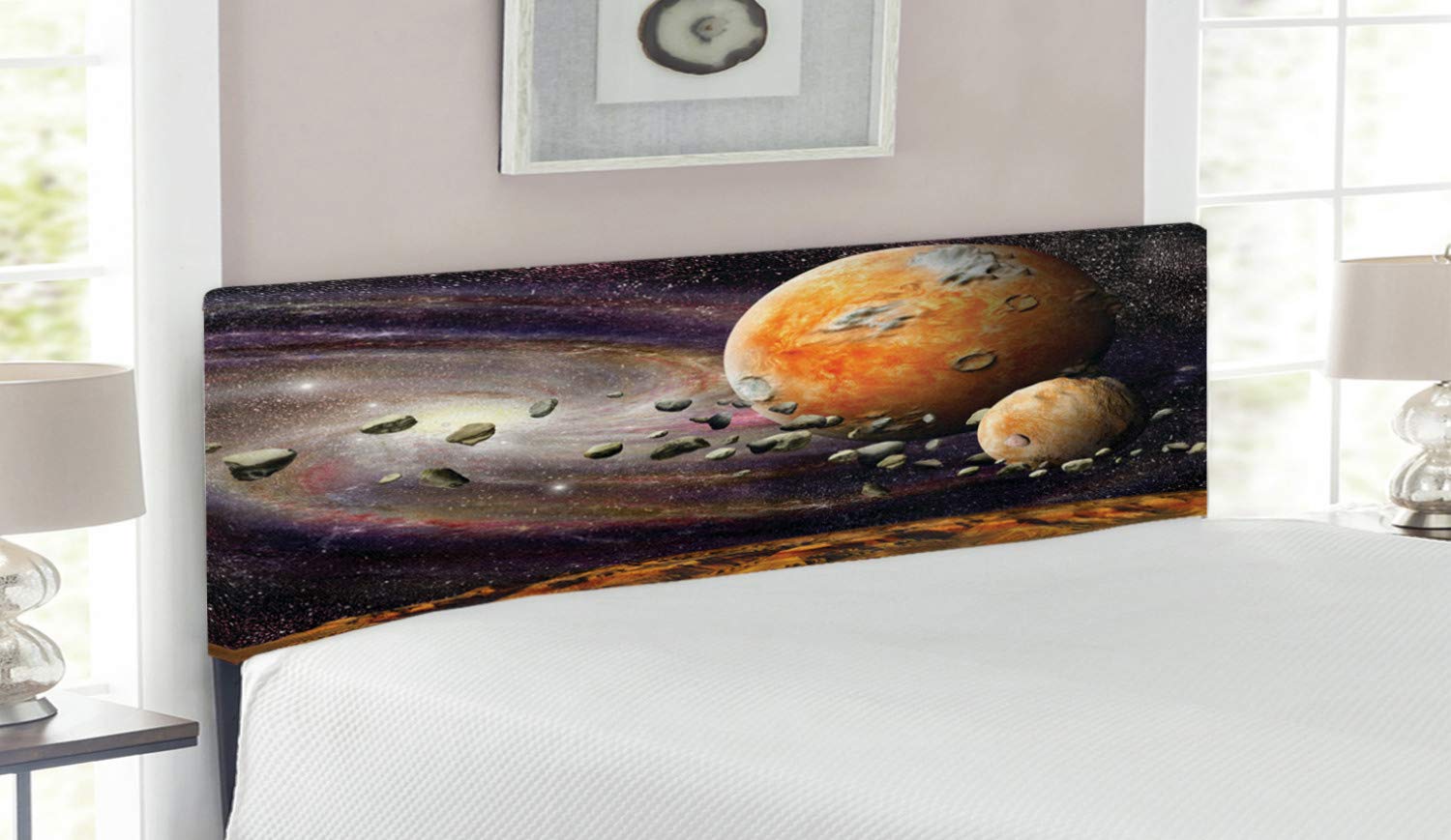 Ambesonne Galaxy Headboard - Queen Size Upholstered Metal Bed Headboard with Memory Foam | Universe Outer Space Design with Planets, Stars & Deep Sky Objects | Green & Purple Astronomy Themed Decor for Bedroom, Dorm or Guest Room