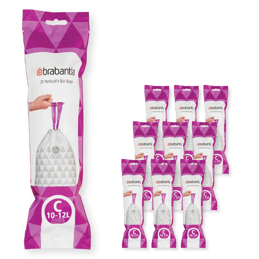 Brabantia PerfectFit Trash Bags Size C (2.6-3.2 Gallon) - Heavy Duty Drawstring Trash Can Liners, 200 Count - Ideal for Kitchen, Bathroom & Office Waste Bins