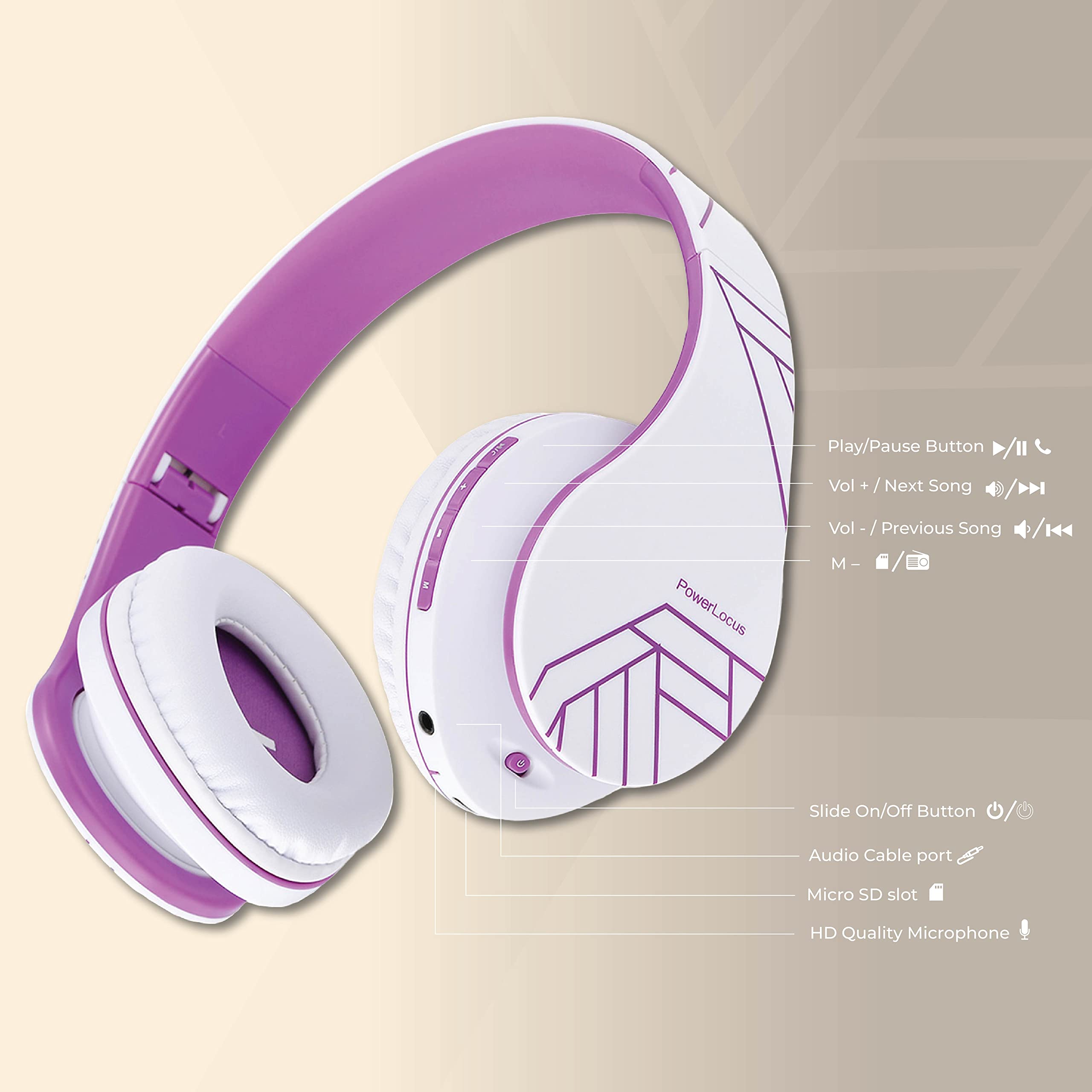 PowerLocus Bluetooth Over-Ear Headphones - Wireless & Wired Stereo Headset with Built-in Mic, Foldable Design, Micro SD/TF & FM Radio - Compatible with iPhone, Samsung, iPad, PC (White/Violet) - Perfect for Travel, Workouts & Home Entertainment