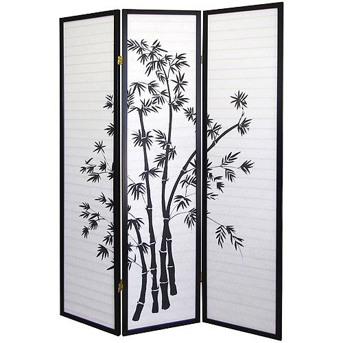 Brand New 3-Panel Black Wooden Shoji Room Divider with Bamboo Print - Folding Privacy Screen for Home Office, Bedroom & Asian Decor